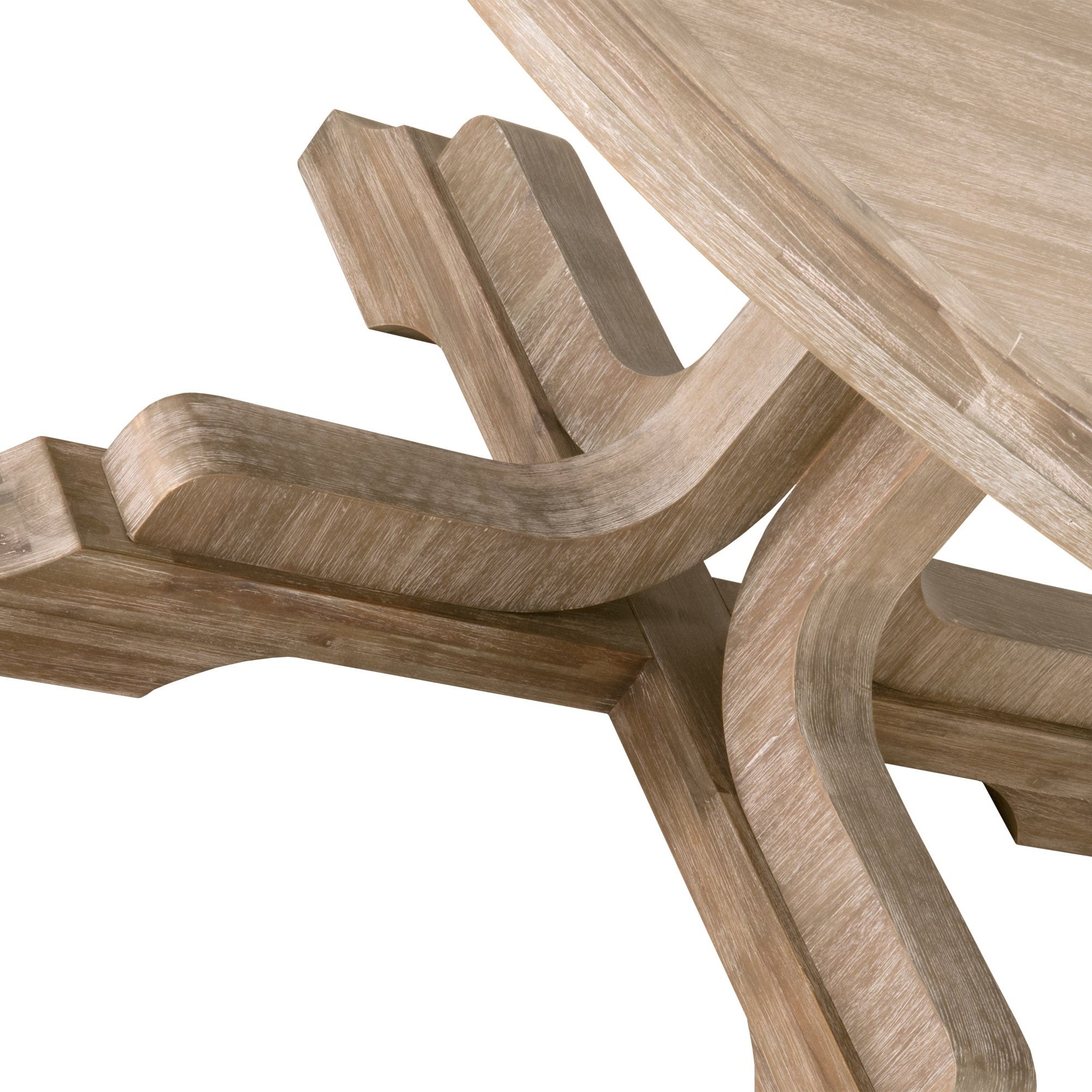 Close-up of the sculptural solid acacia wood base in natural gray finish on Essentials For Living Torrey dining table