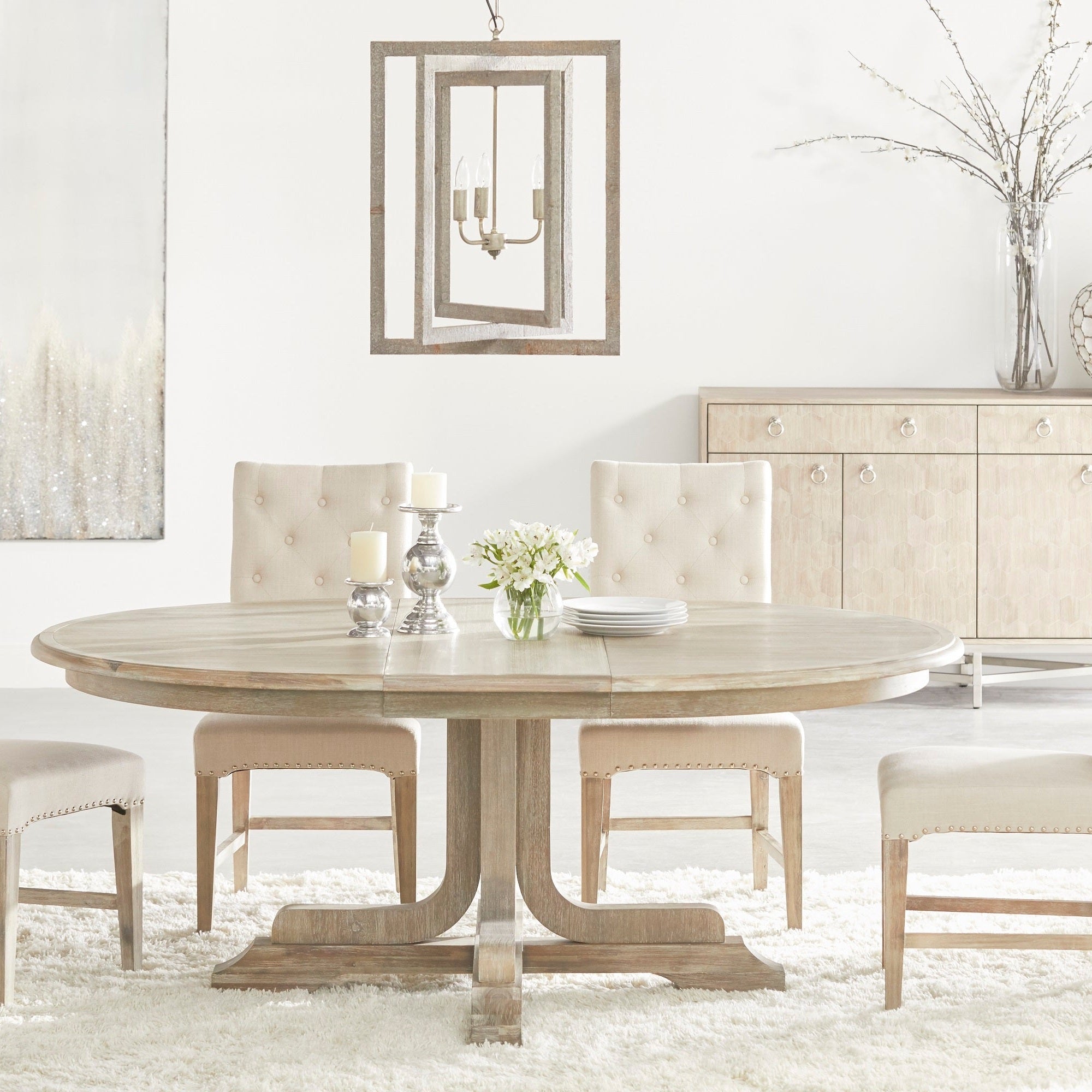 Essentials for Living Torrey 60 inch round extension dining table in natural gray acacia with upholstered chairs