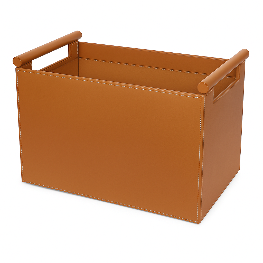 Tucker Leather Basket in classic leather finish with structured storage design