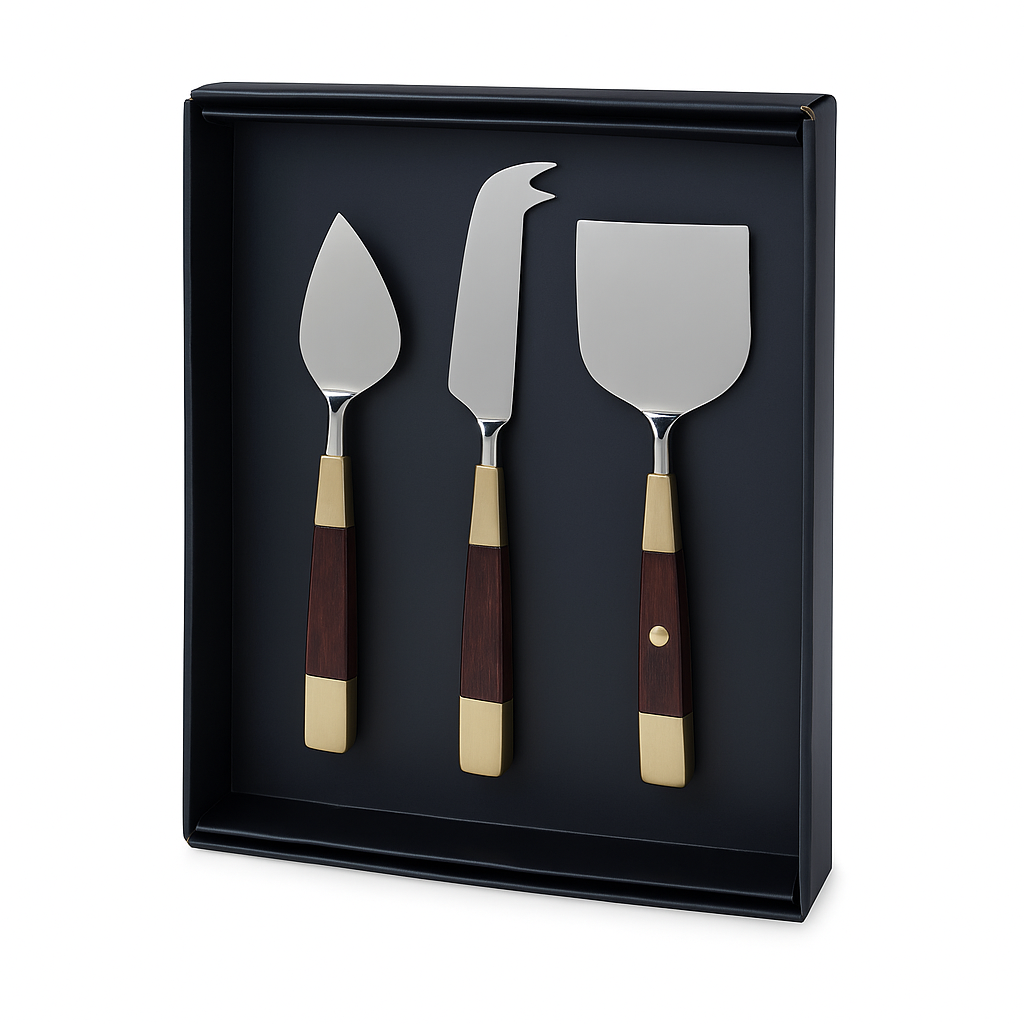 Vincente Cheese Set of 3 in silver, brown, and gold with stainless steel knives and wood handles