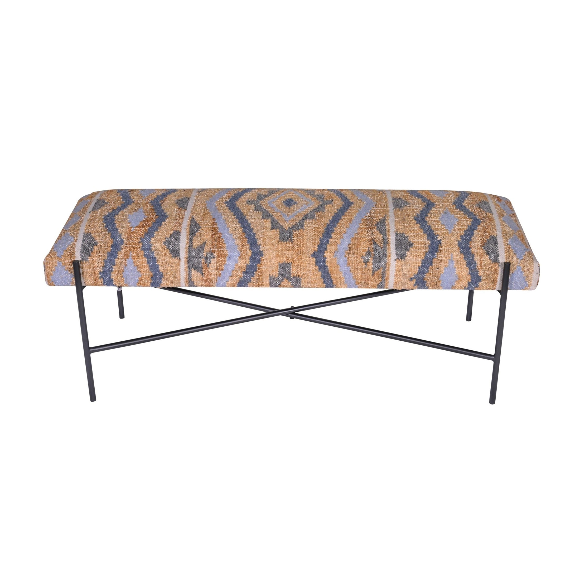 Woodie Bench with southwestern woven upholstery and black iron X-base, light blue tones, by GO HOME