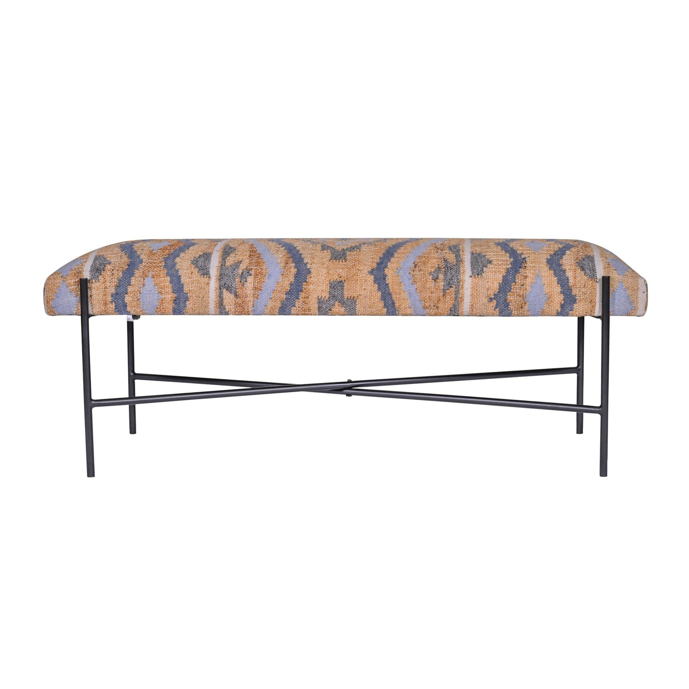 WOODIE BENCH with southwestern handwoven upholstery and black iron X-base, wood and iron mix by GO HOME