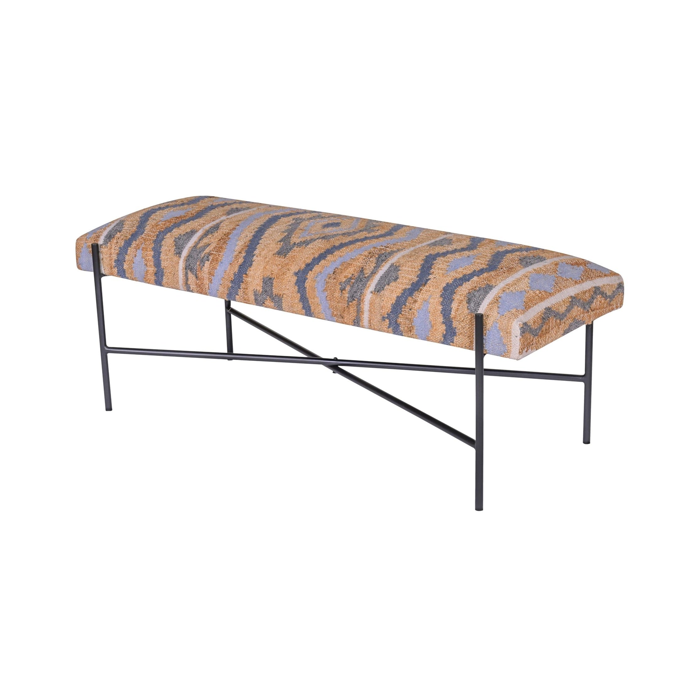 Woodie Bench with woven upholstery in light blue and natural tones on black iron base by GO HOME
