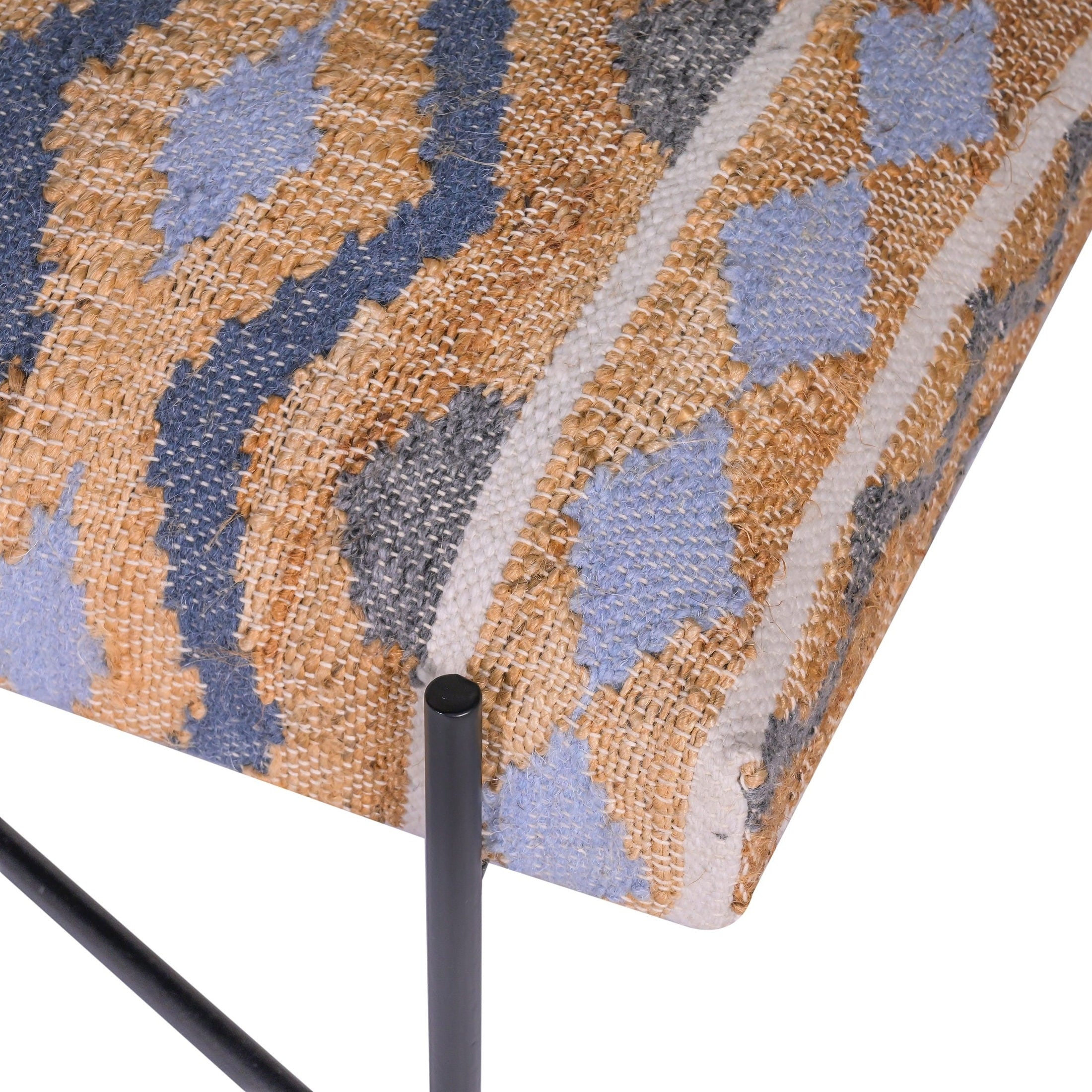 Close-up of Southwestern-style woven upholstery in light blue and natural tones on WOODIE BENCH by GO HOME.