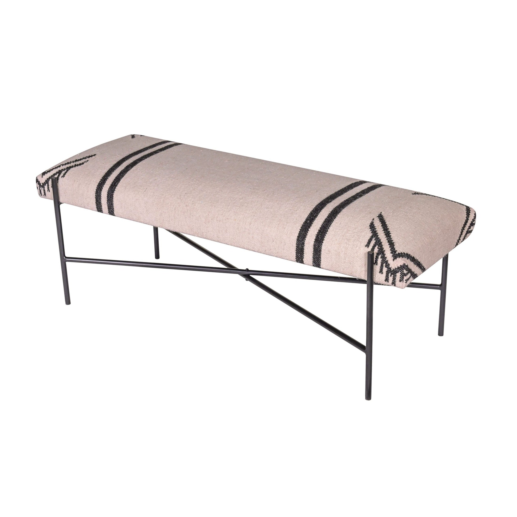 WULLEN BENCH with handwoven Southwestern fabric seat and black iron legs, modern design by GO HOME