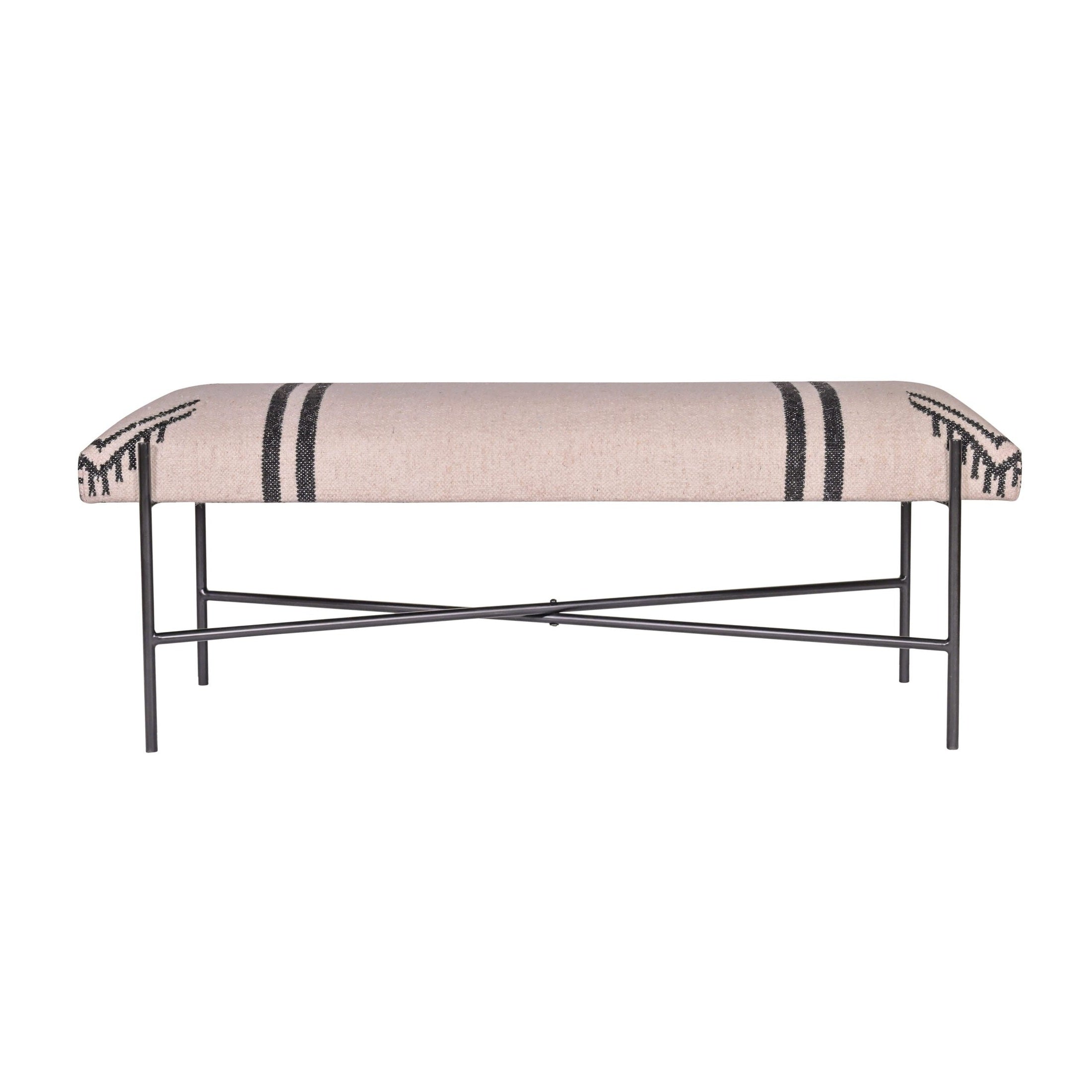 WULLEN BENCH with woven Southwestern pattern and black iron legs, modern artisanal design by GO HOME