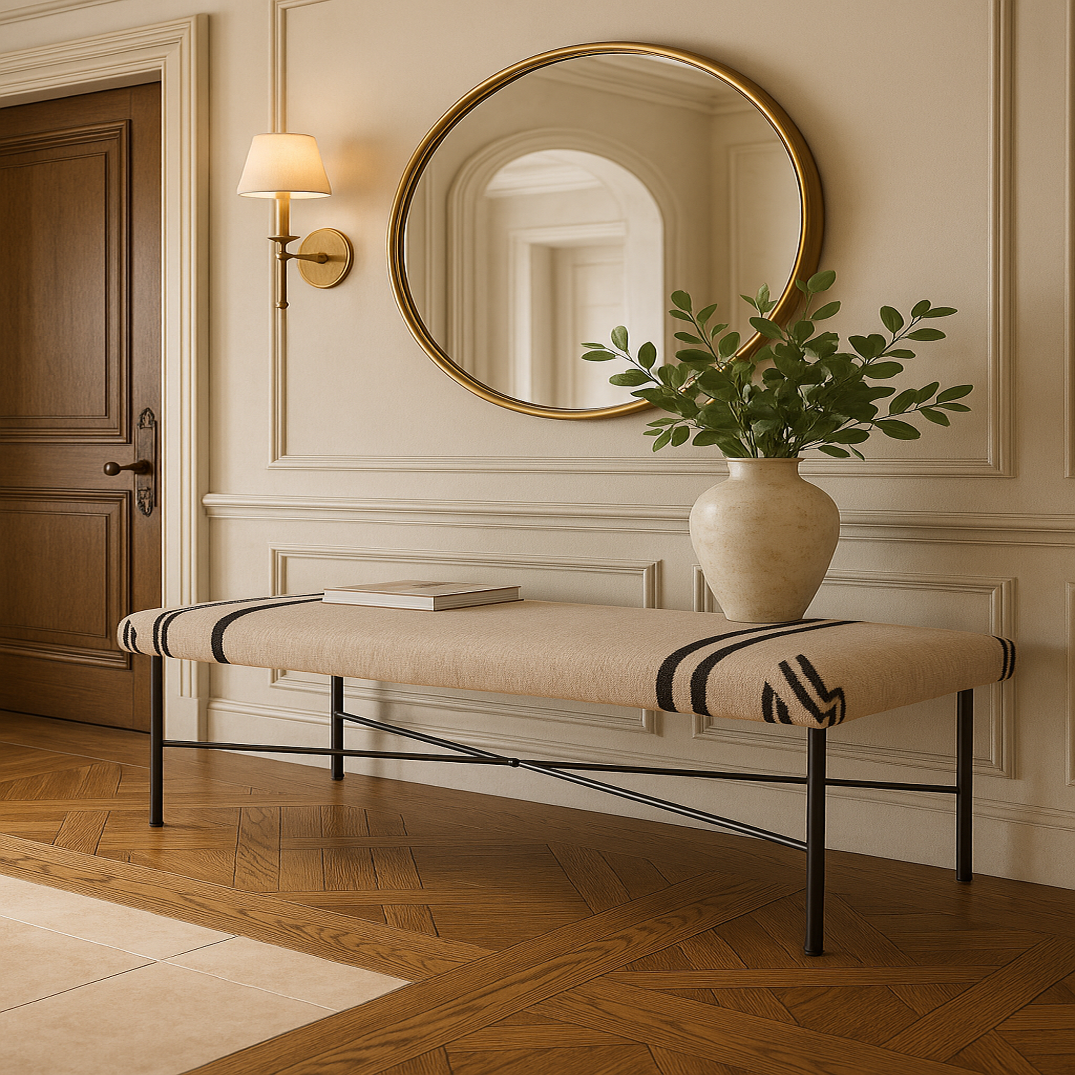 WULLEN BENCH with Southwestern woven seat and black iron legs in elegant entryway setting by GO HOME