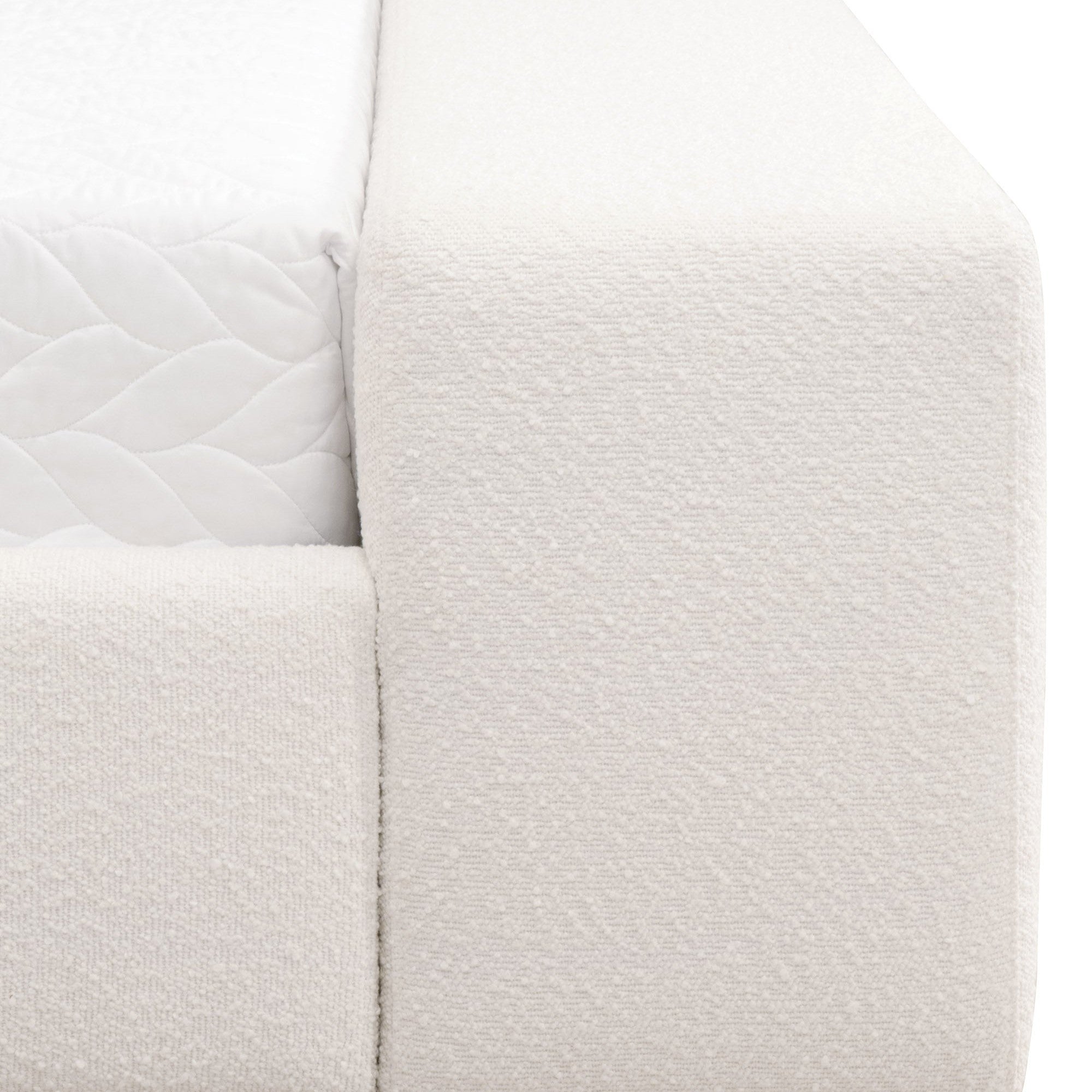 Close-up of textured white upholstered corner on Warren Cal King Bed by Essentials for Living with smooth fabric finish