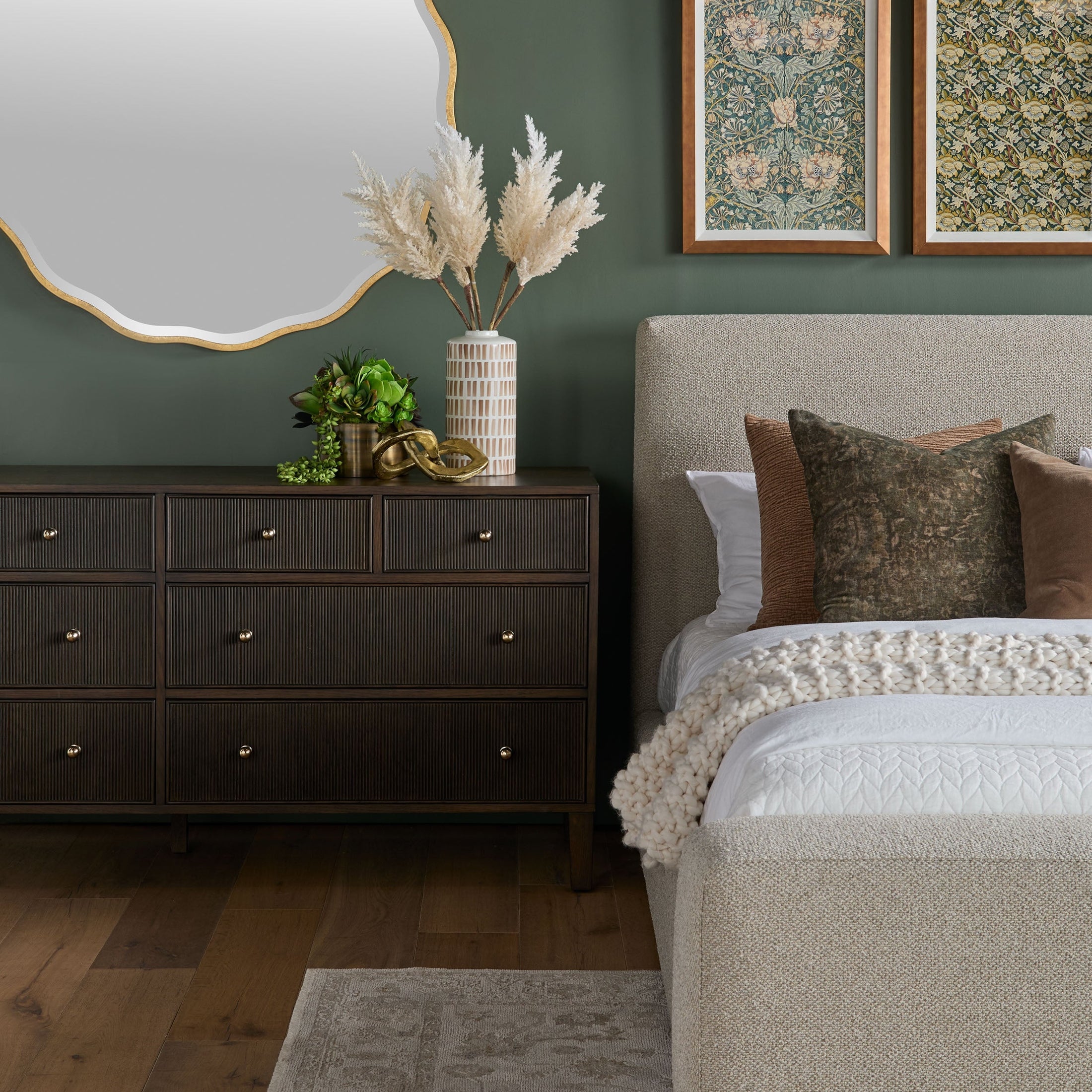 Cozy bedroom corner featuring Essentials for Living Warren Cal King bed with textured upholstery and rustic wooden dresser.