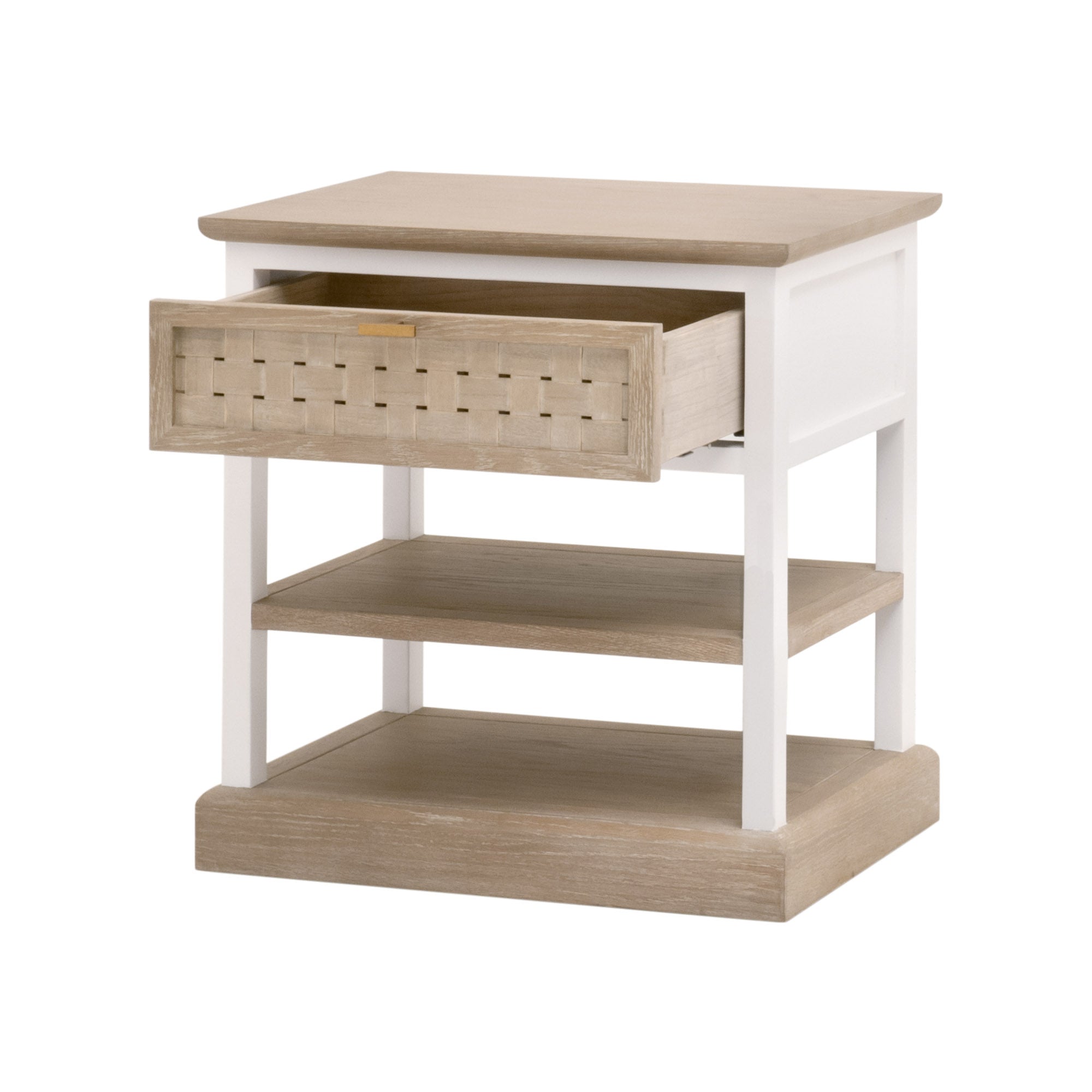 Essentials For Living Weave side table with woven drawer front, smoke gray and white oak finish, brushed gold handle, and open shelves