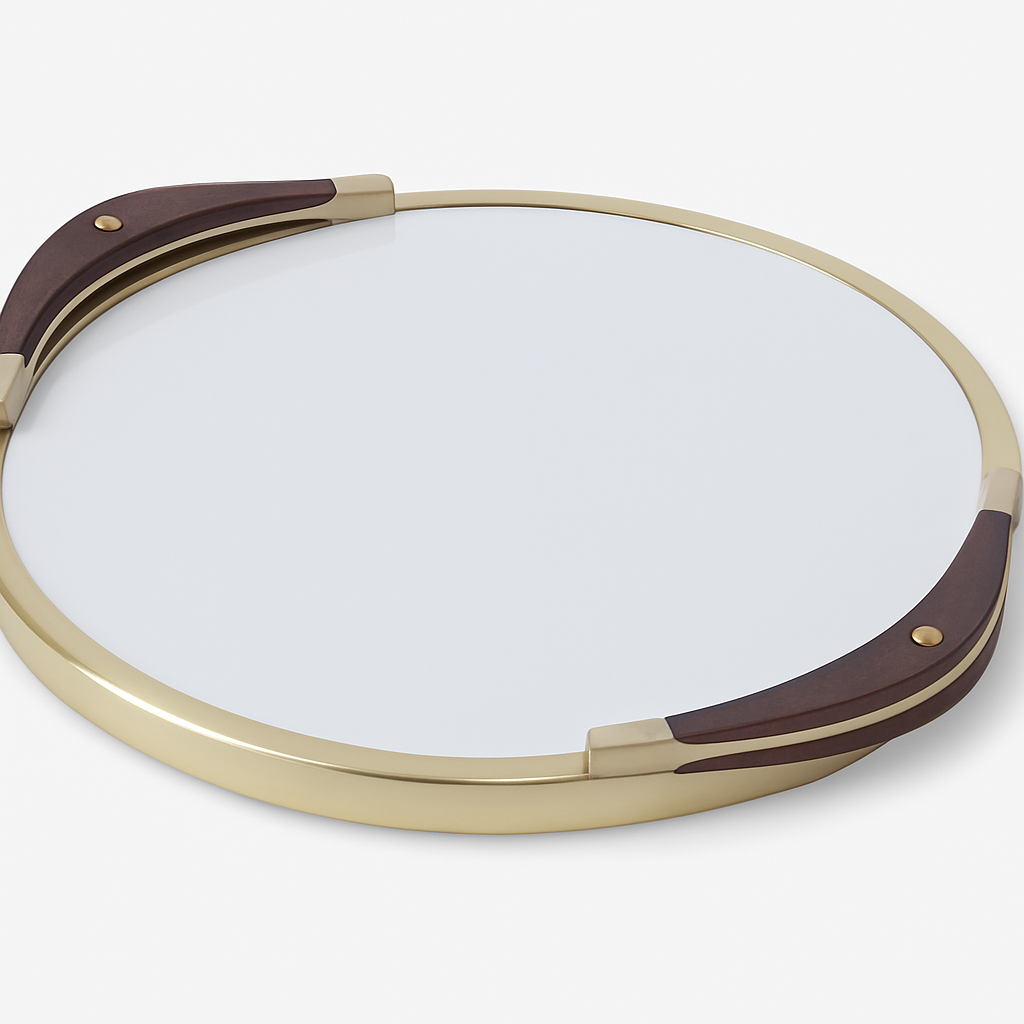 Whatford Platter in white porcelain, wood, and burnished brass with elegant serving design