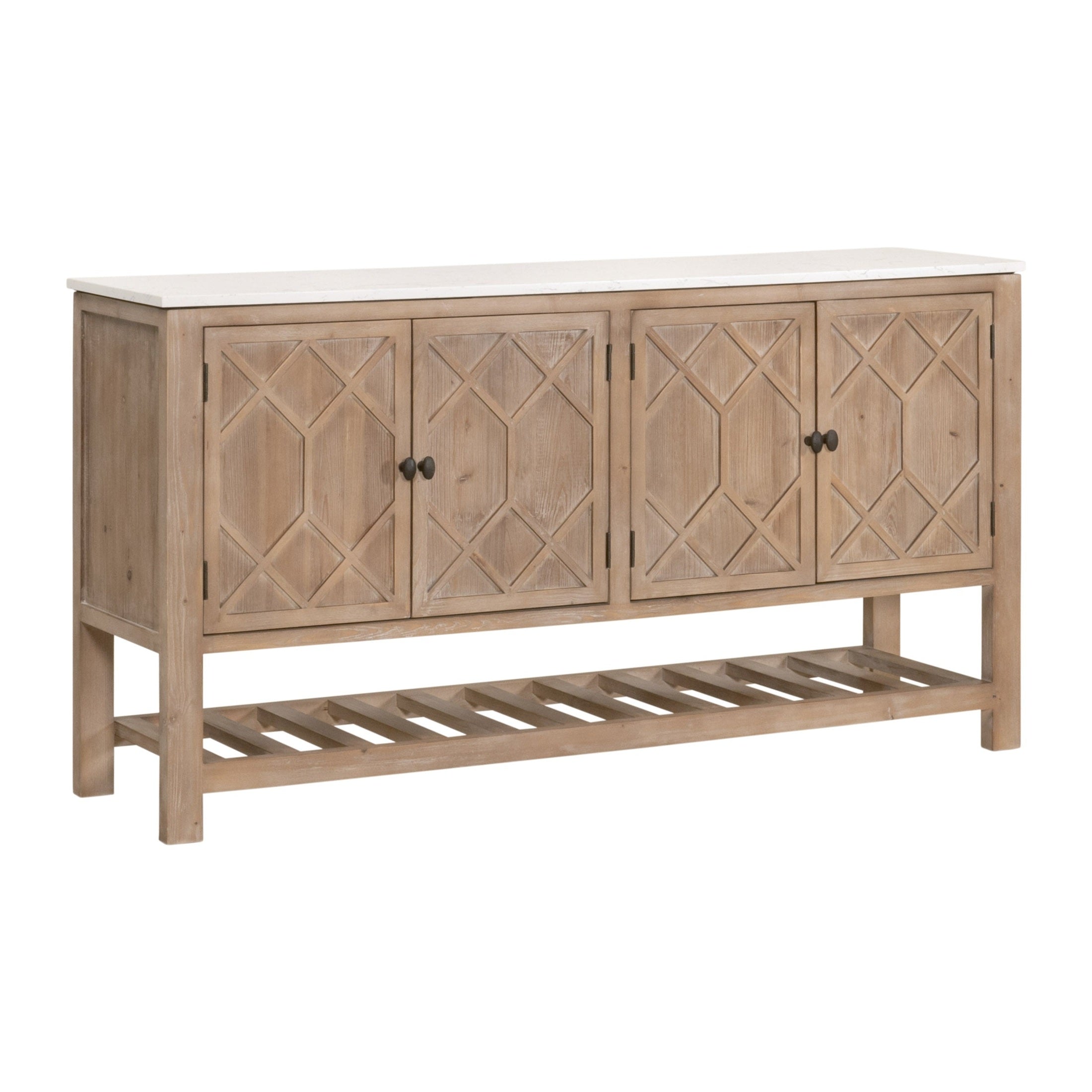 Willow Media Sideboard by Essentials For Living with diamond-patterned doors and solid quartz top in reclaimed wood base