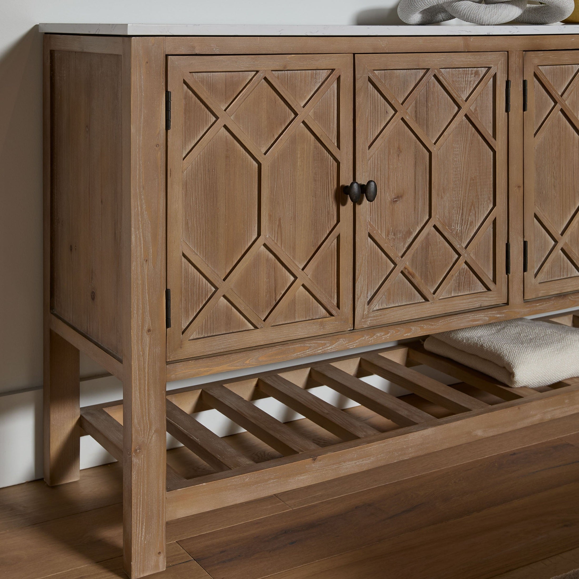 Willow Media Sideboard with diamond-patterned doors and trestle base in reclaimed pine wood by Essentials for Living