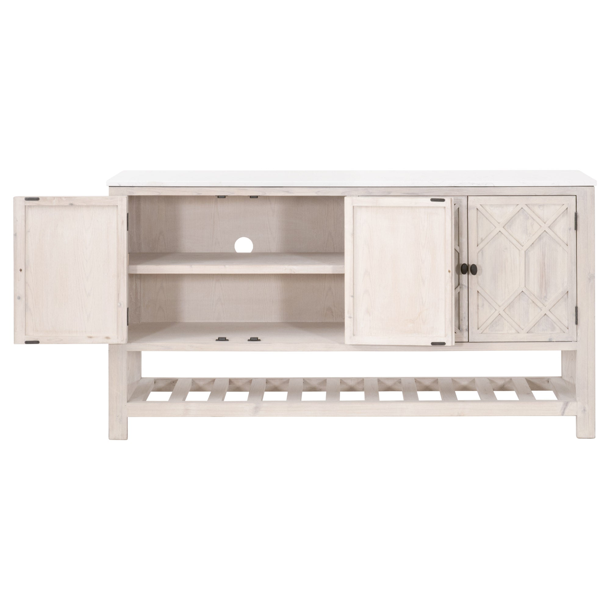 Essentials for Living Willow Media Sideboard with open storage cabinets and diamond-patterned door design in light wood finish