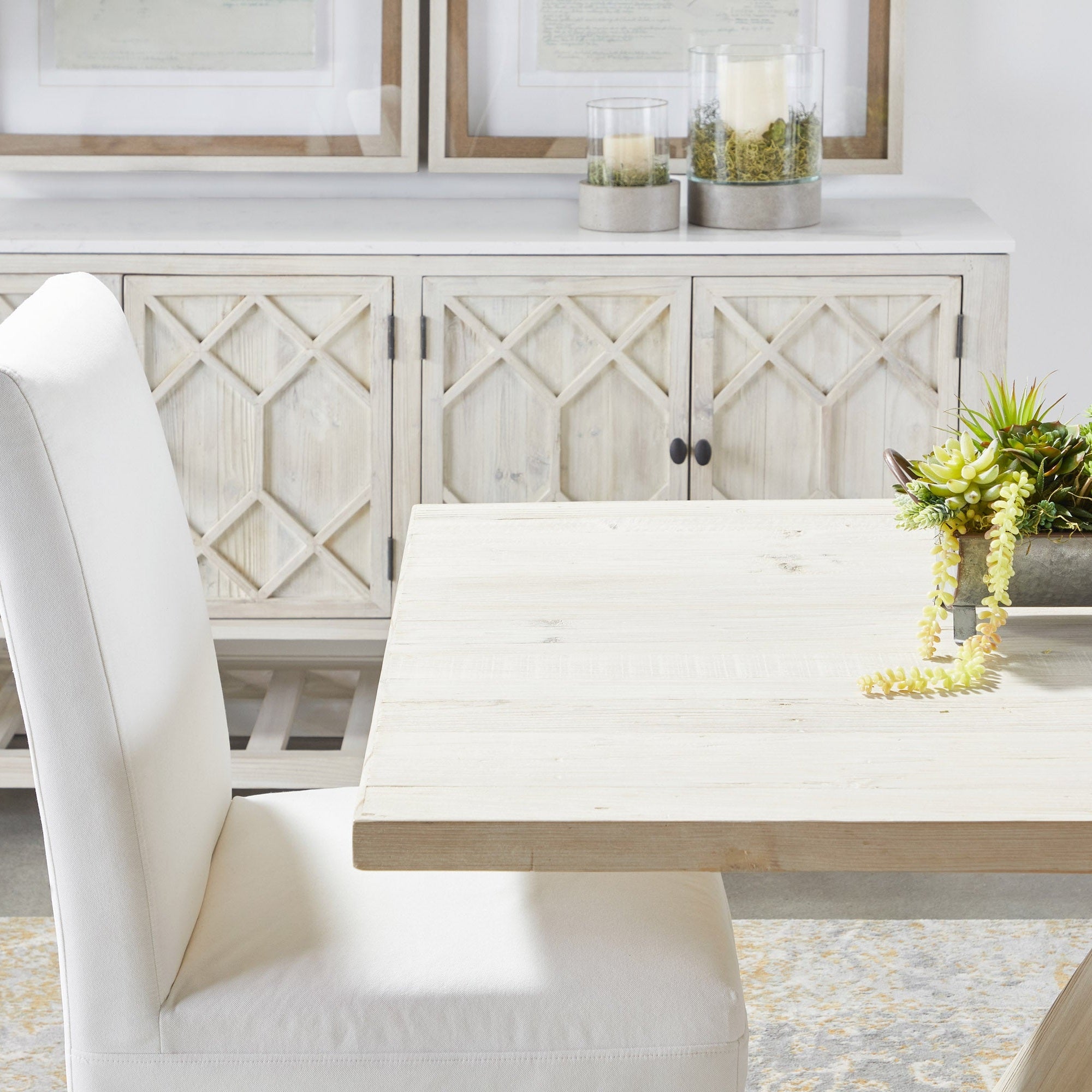 Willow Media Sideboard by Essentials For Living with diamond-patterned doors and reclaimed pine wood base in smoke gray finish