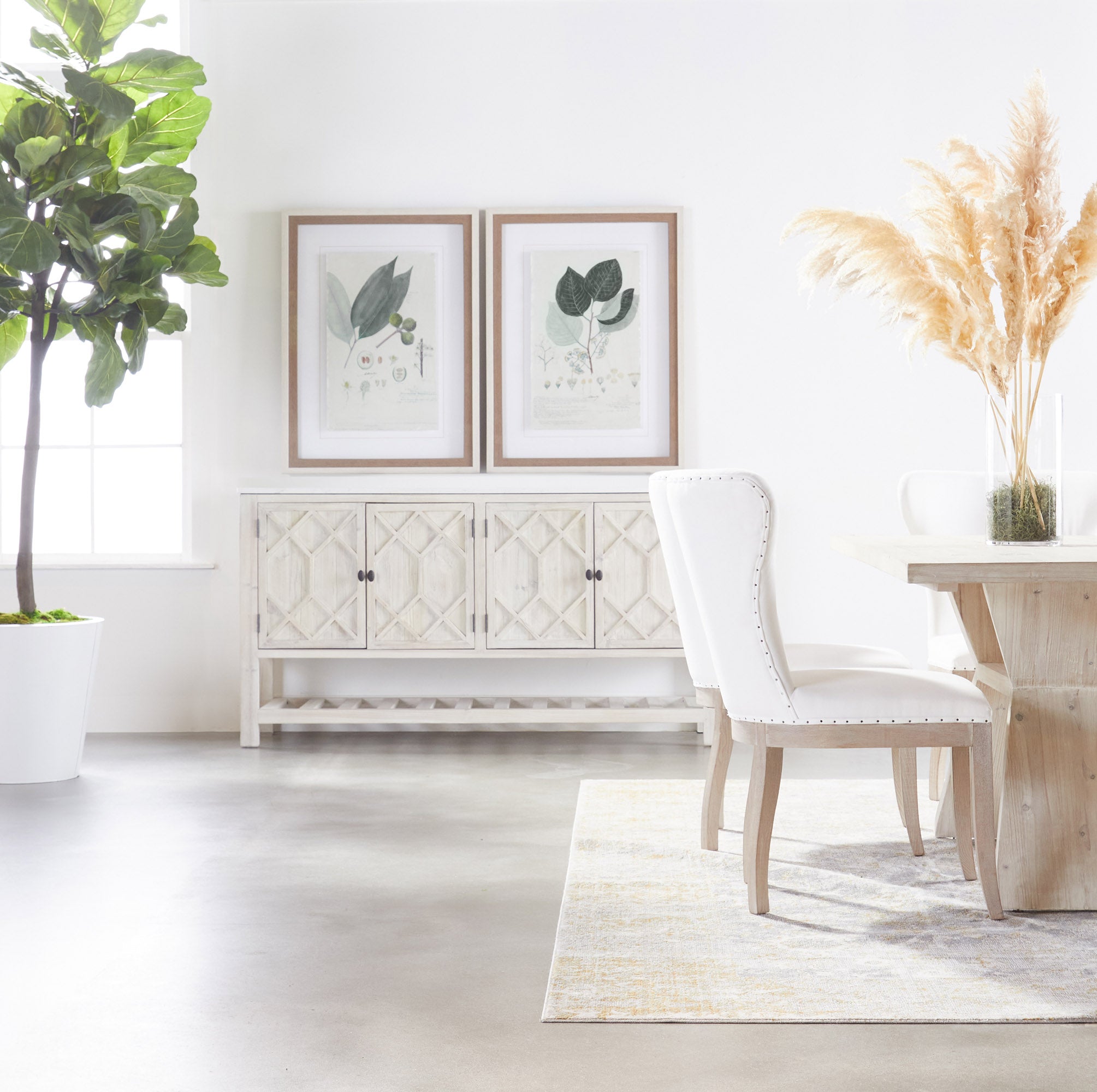Willow Media Sideboard by Essentials for Living with diamond-patterned doors in bright, airy dining room setting