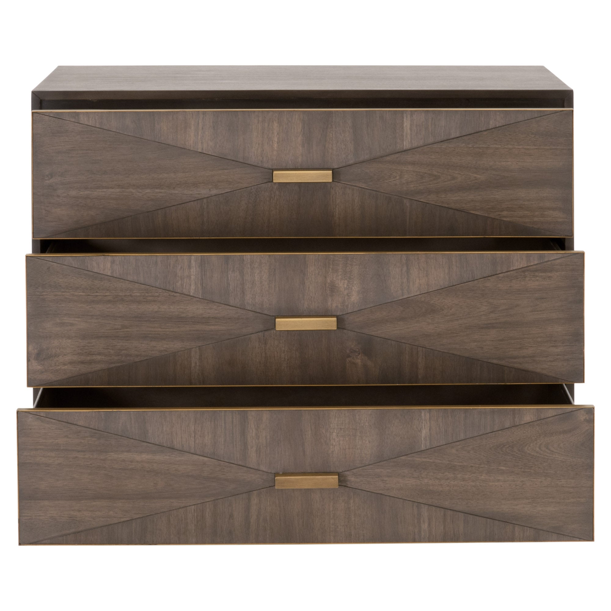 Wynn 3-drawer nightstand by Essentials for Living in burnished brown acacia veneer with brushed gold handles and 3D drawer fronts