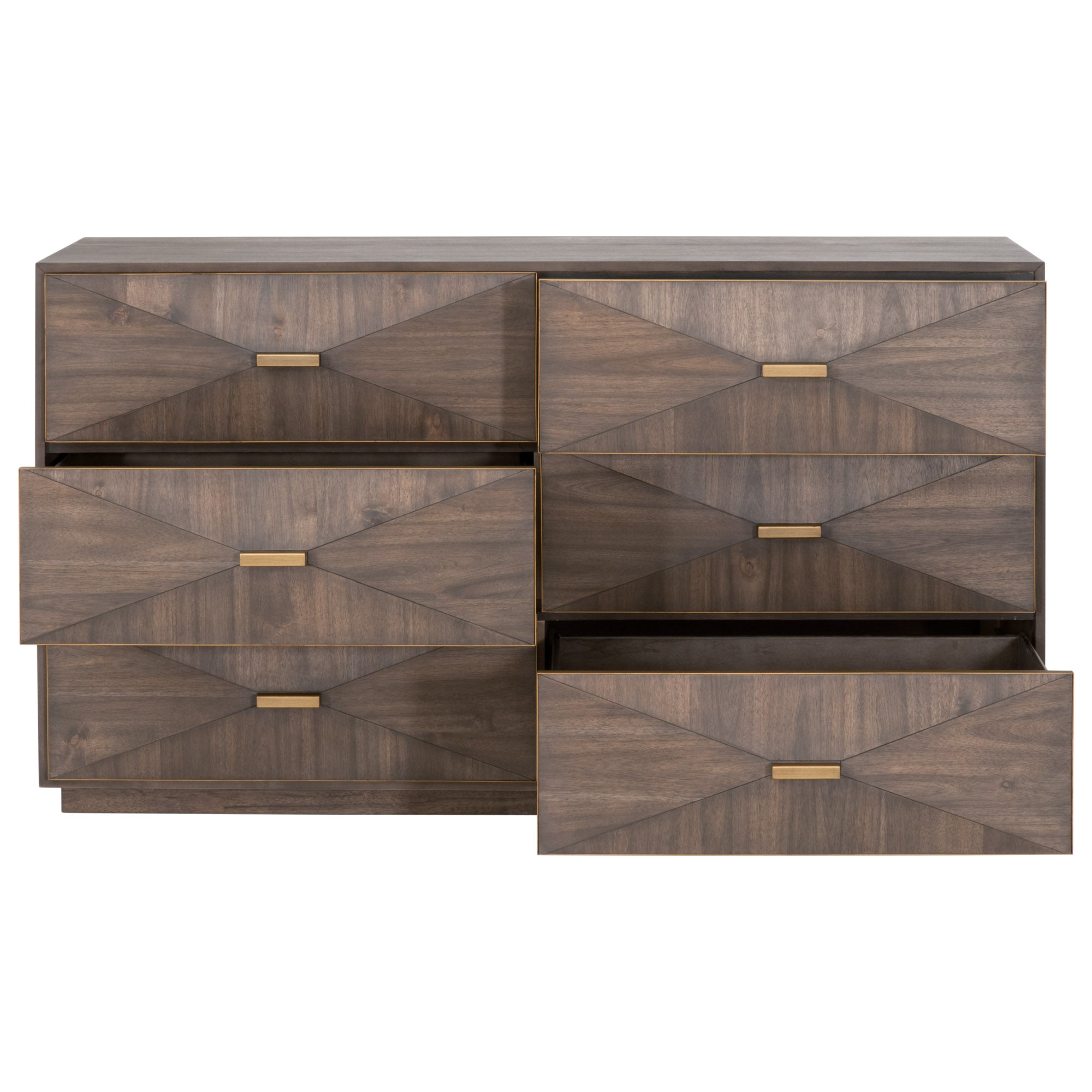 Burnished brown acacia dresser with six 3D textured drawers and brushed gold handles by Essentials For Living