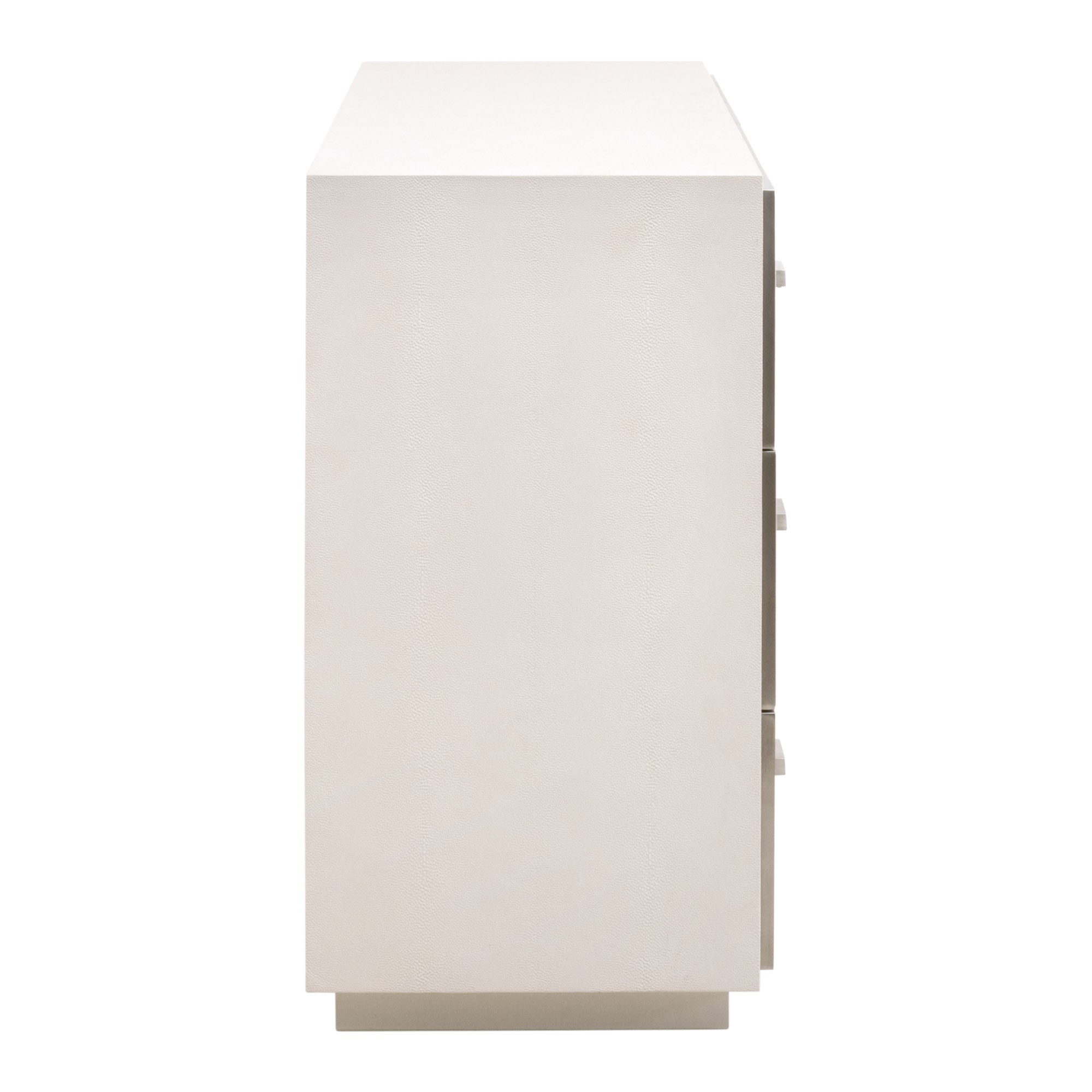Side view of Wynn Shagreen 6-drawer double dresser in pearl faux shagreen with brushed stainless steel frame by Essentials For Living