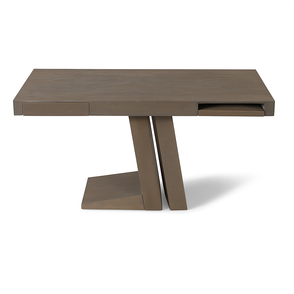 Zag Pocket Desk in 45-inch dove grey and brown wood finish with built-in storage pocket