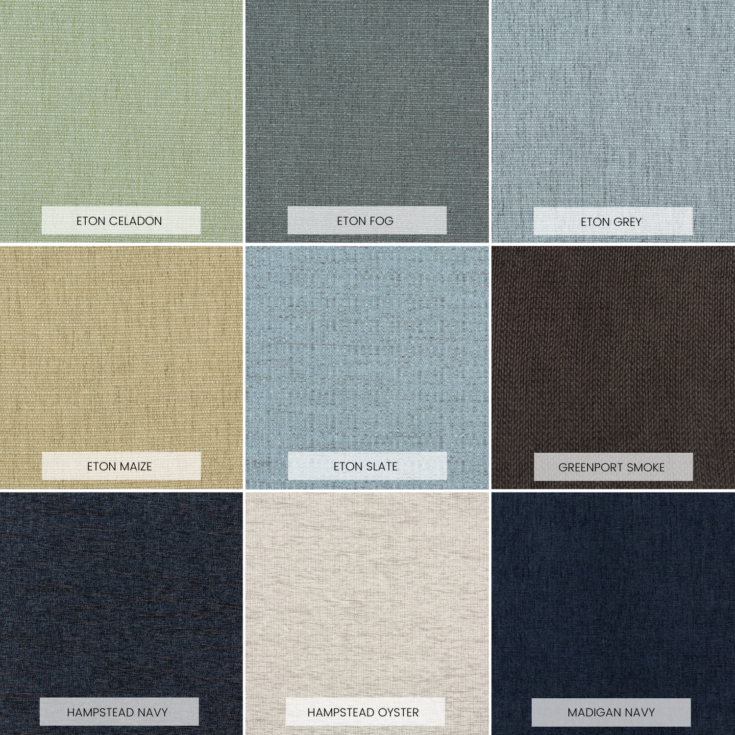 Fabric swatches including Eton, Greenport Smoke, Hampstead, and Madigan Navy for California Sofa - 100" by GO HOME