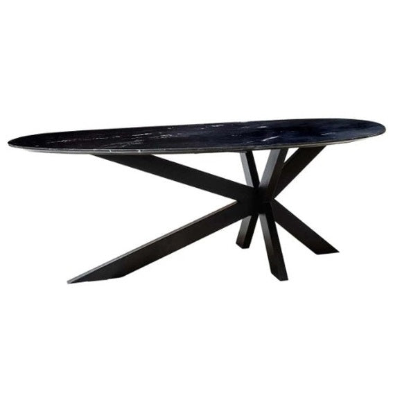 Ace Dining Table with black marine marble top and asymmetrical matte black iron legs by GO HOME