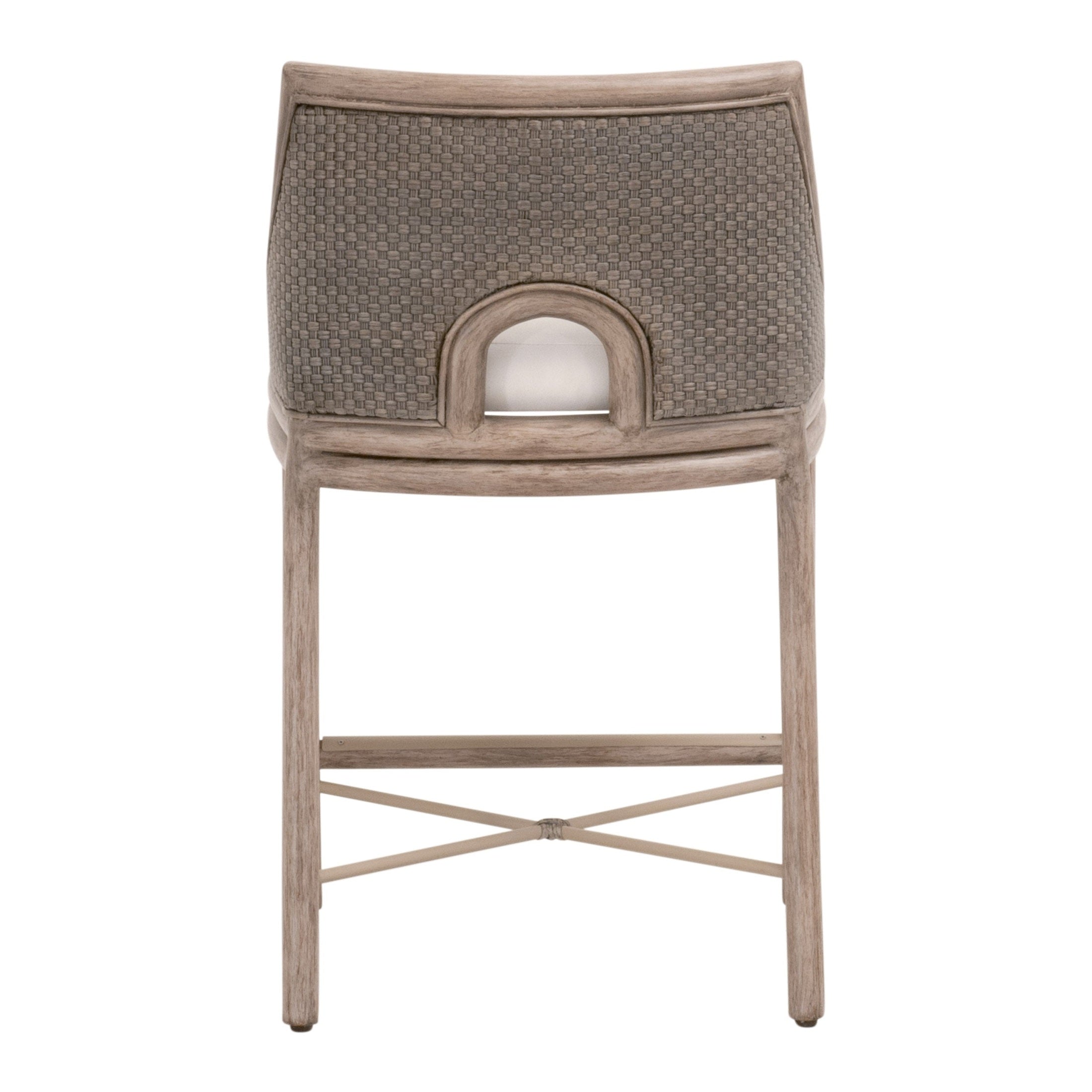 Back view of Adamo Counter Stool with handwoven texture and solid mahogany frame in French Gray by Essentials for Living