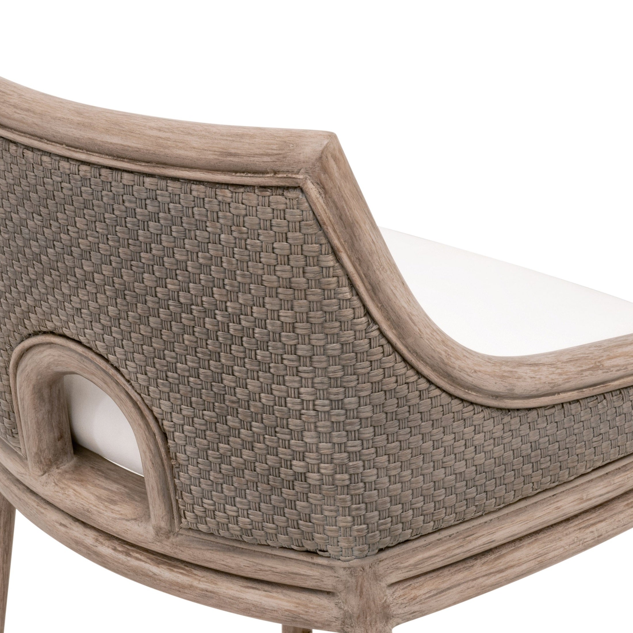 Close-up of Adamo Counter Stool with handwoven Cabana Loom and mahogany frame in French Gray by Essentials for Living.