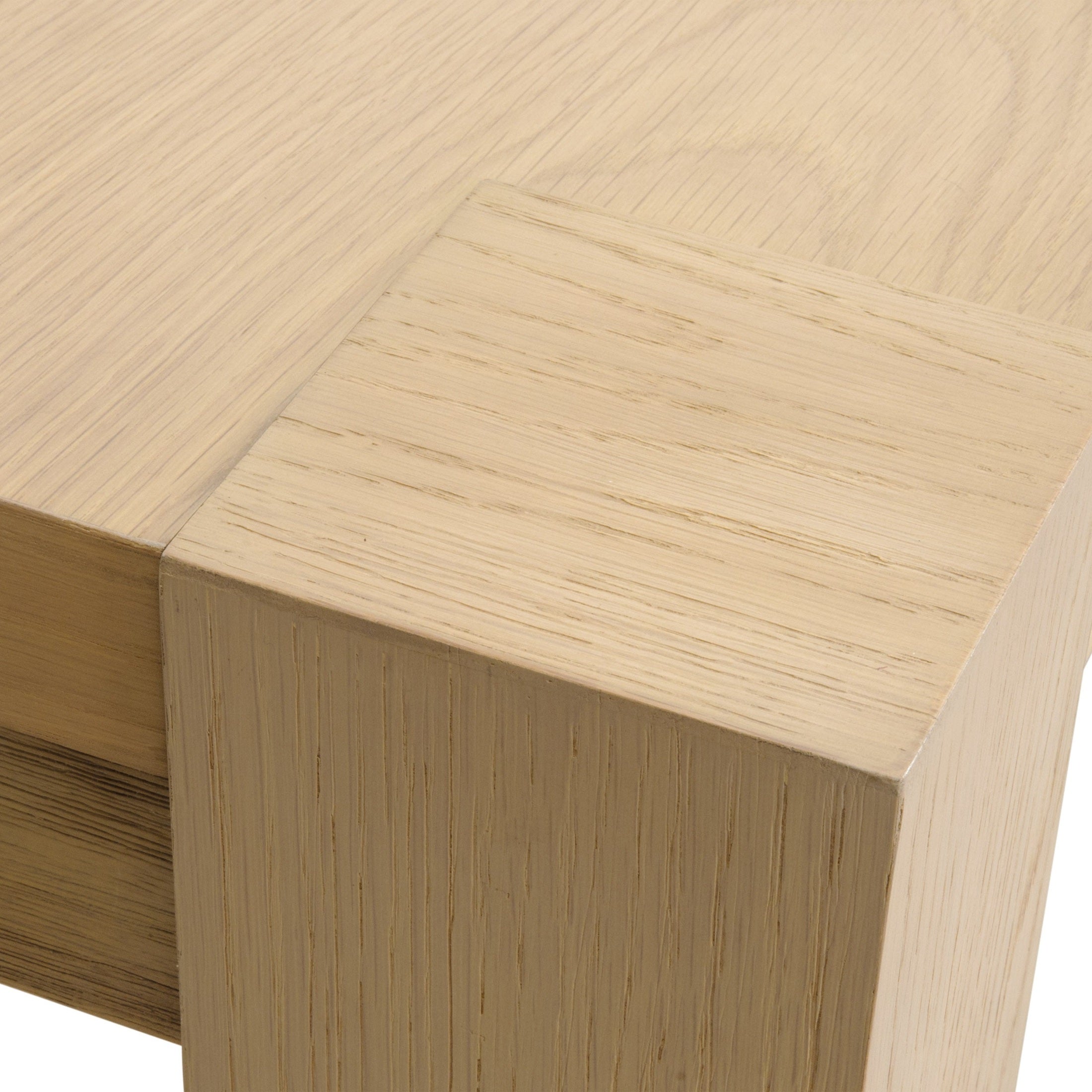 Close-up of seamless thick wood leg and light honey oak veneer of Adler Extension Dining Table by Essentials for Living