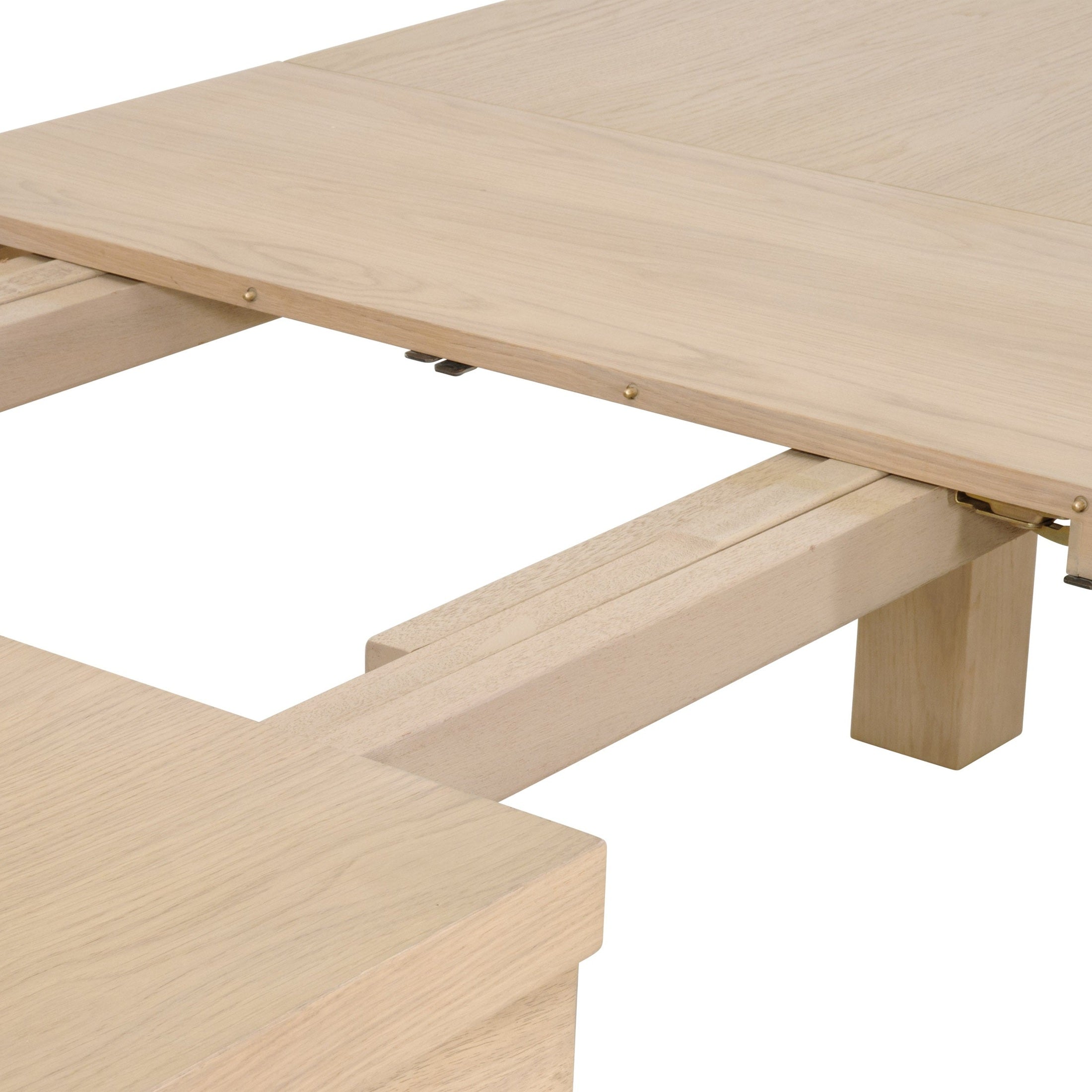 Close-up of Adler Extension Dining Table in light honey oak with extension mechanism, by Essentials for Living