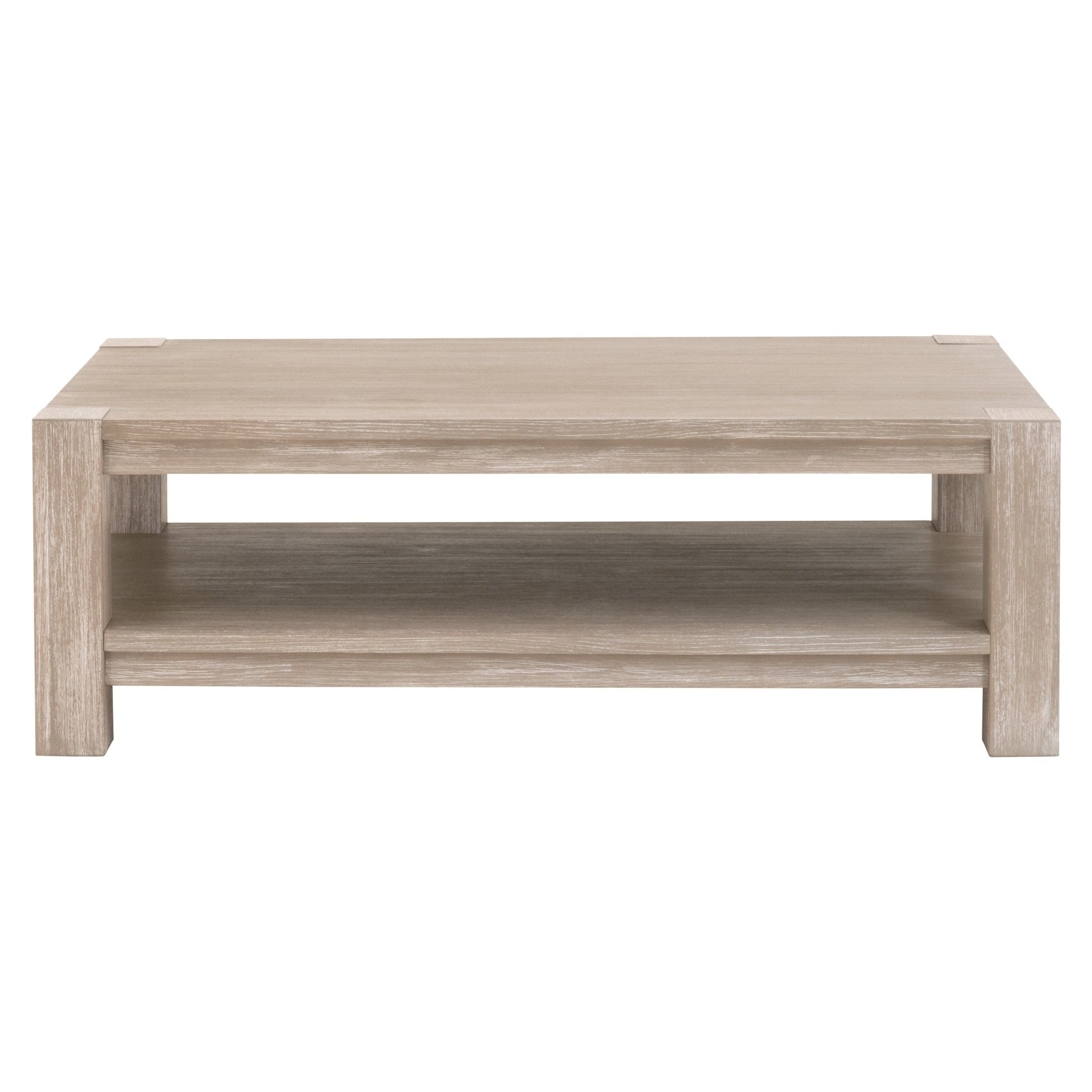 Adler Rectangular Coffee Table in natural gray finish with lower shelf, rustic texture by Essentials for Living