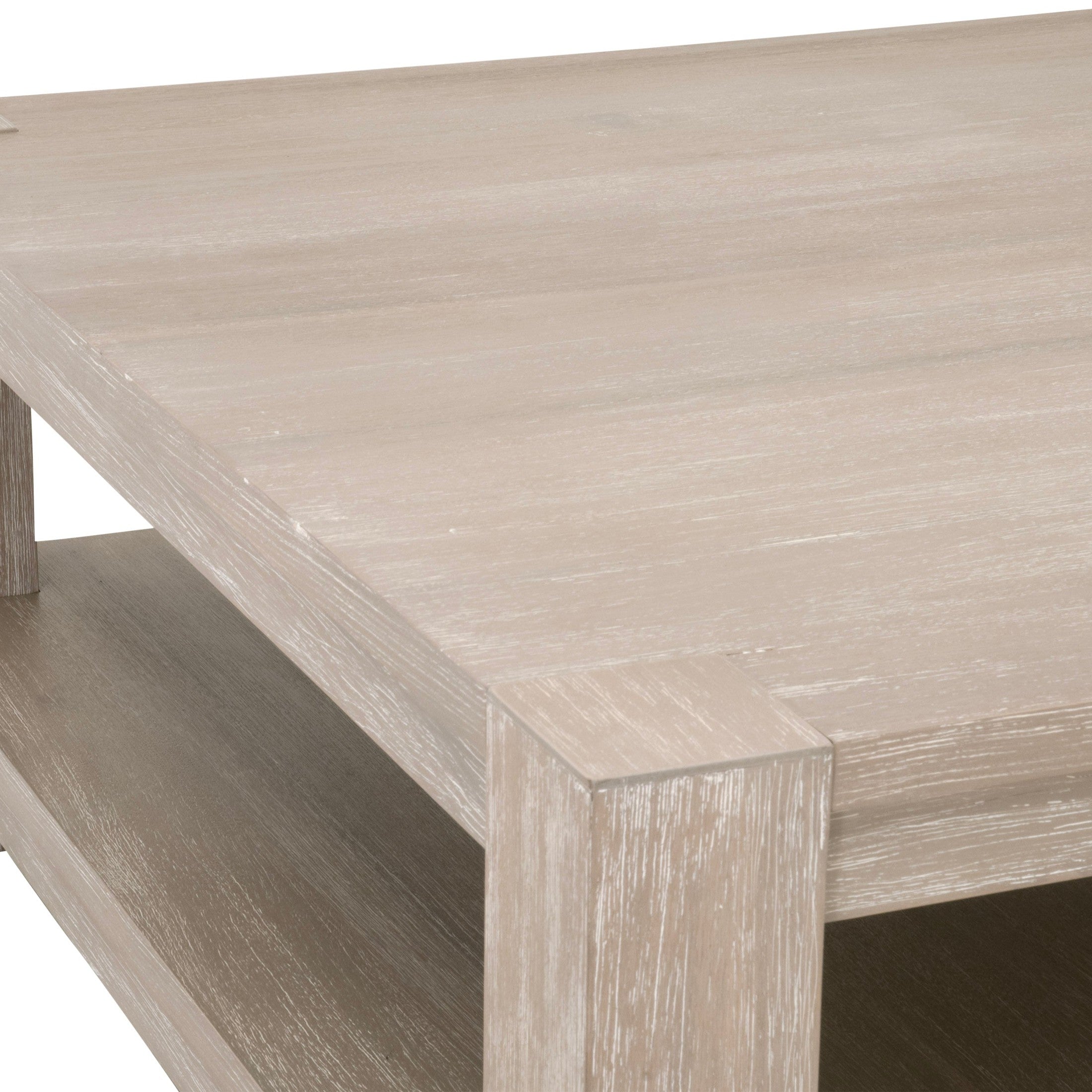 Close-up of Adler Square Coffee Table in natural gray distressed finish with lower shelf by Essentials for Living.
