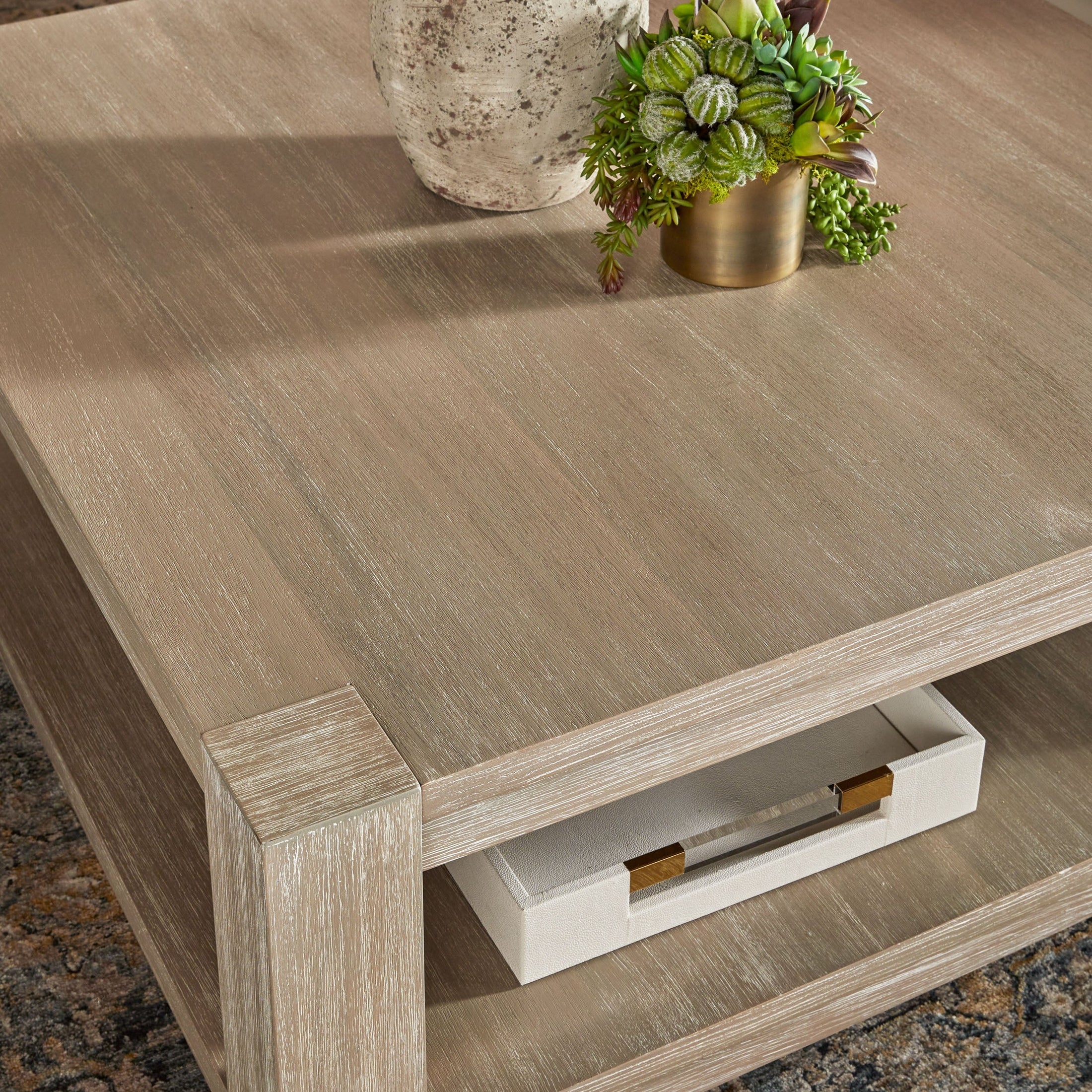 Adler Square Coffee Table with natural gray finish and lower shelf, solid beech wood by Essentials for Living