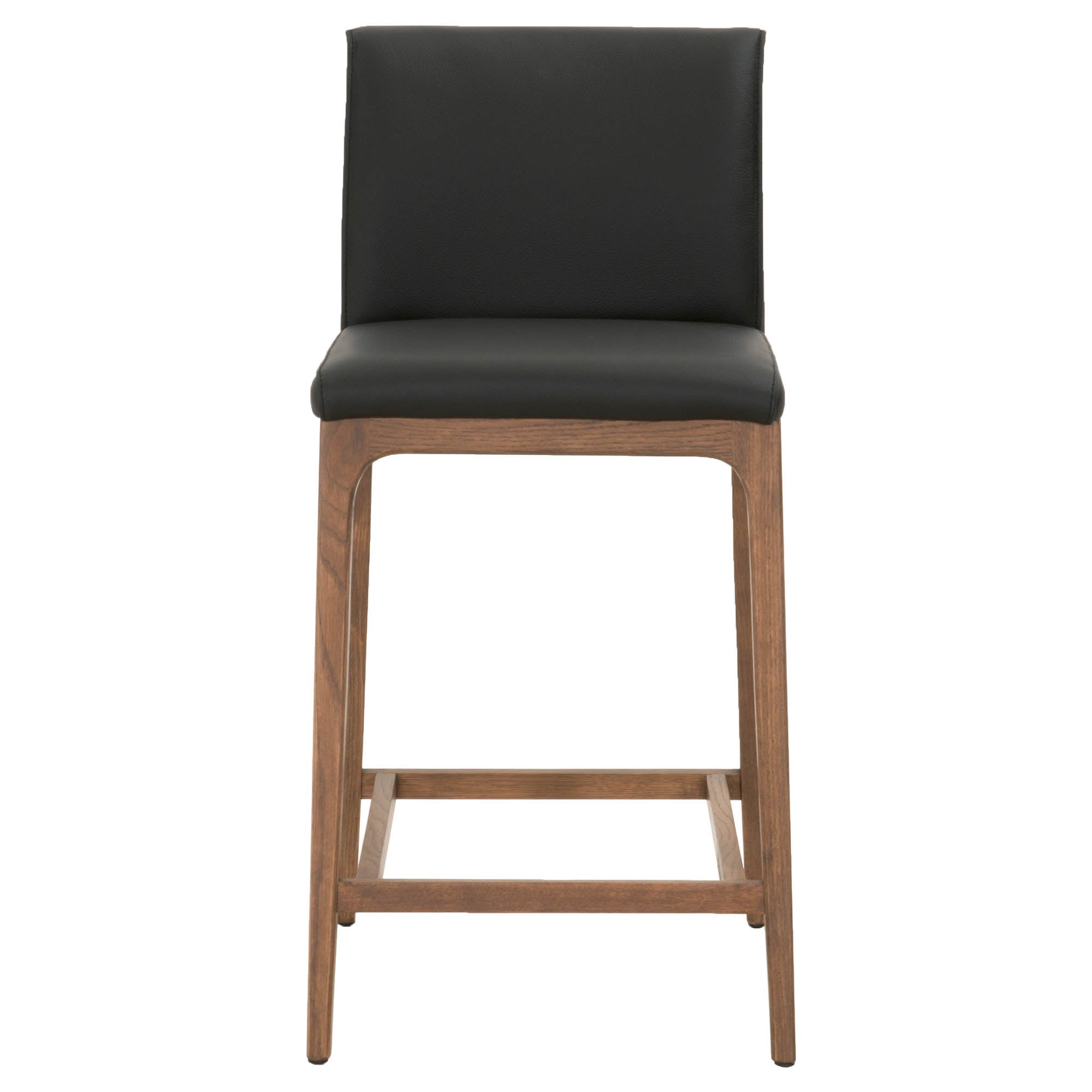 Alex Counter Stool with black top-grain leather seat and solid walnut oak wood base by Essentials for Living.