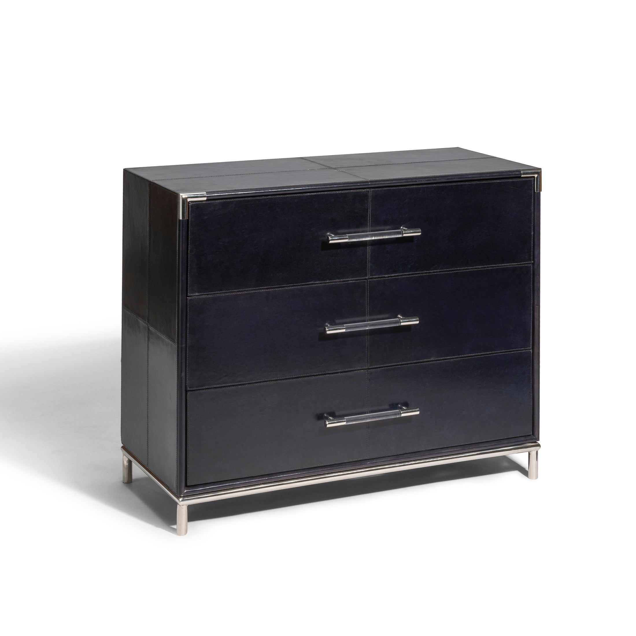 Aria Chest of Drawers in navy leather with polished nickel handles and three drawers by GO HOME