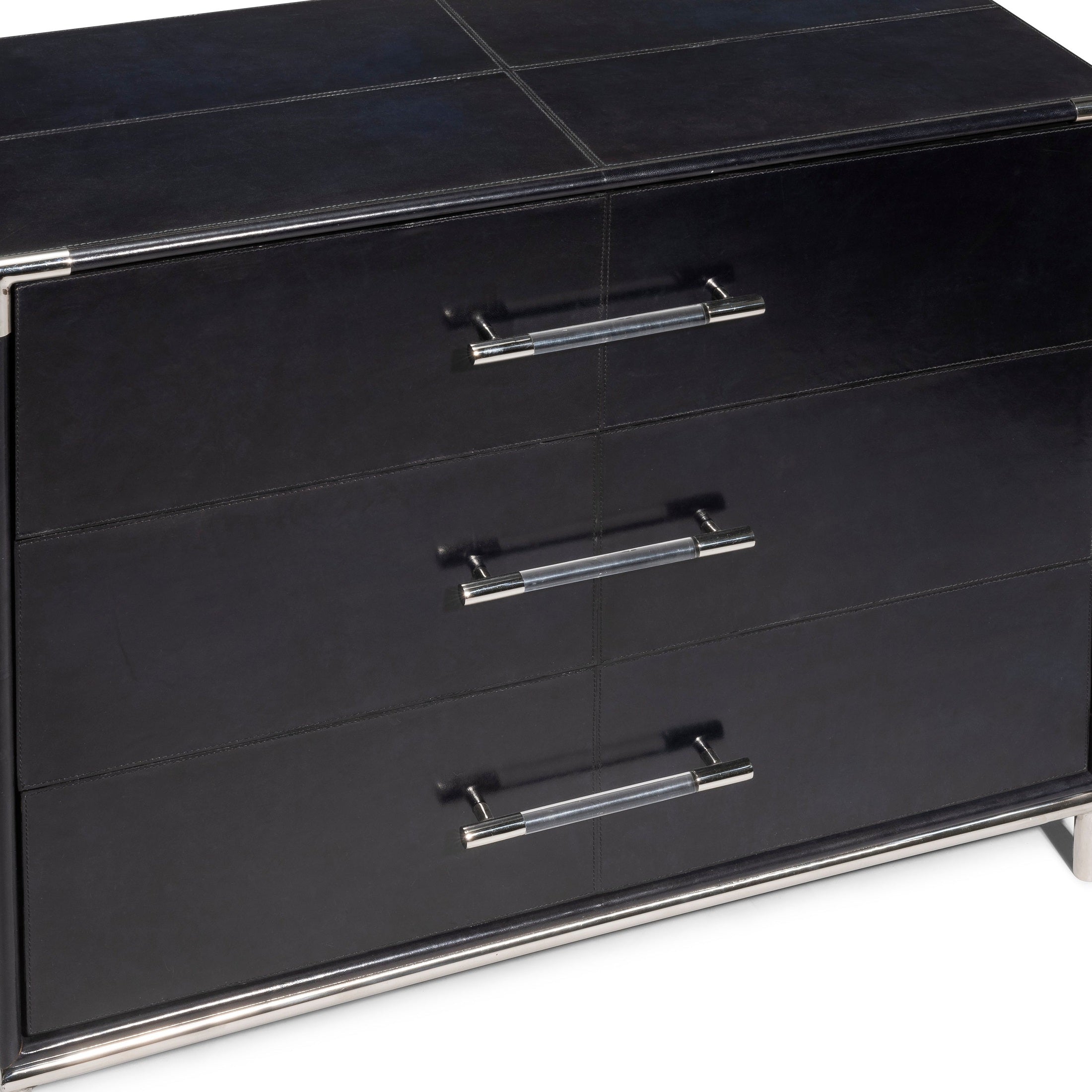 Aria Chest of Drawers in navy leather with polished nickel and acrylic handles, modern storage by GO HOME.