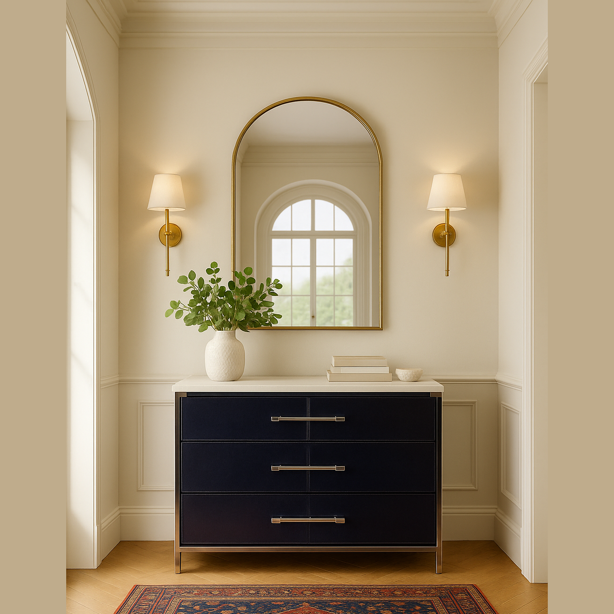 Aria Chest of Drawers in navy blue leather with polished nickel handles in elegant hallway setting by GO HOME