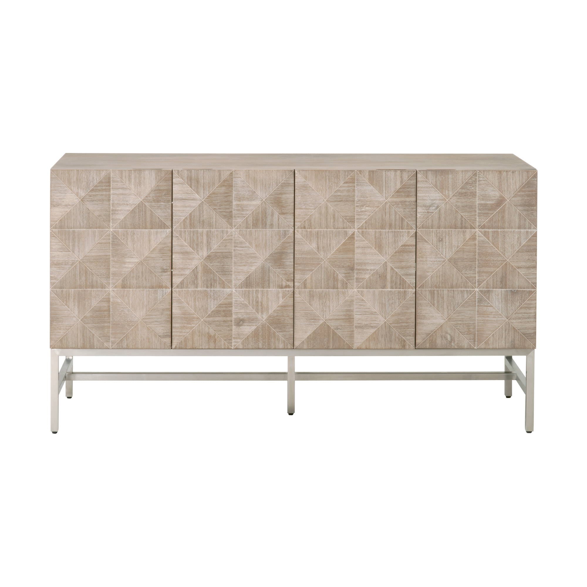 Atlas Media Sideboard with 3D diamond pattern doors and stainless steel base in natural gray finish by Essentials for Living