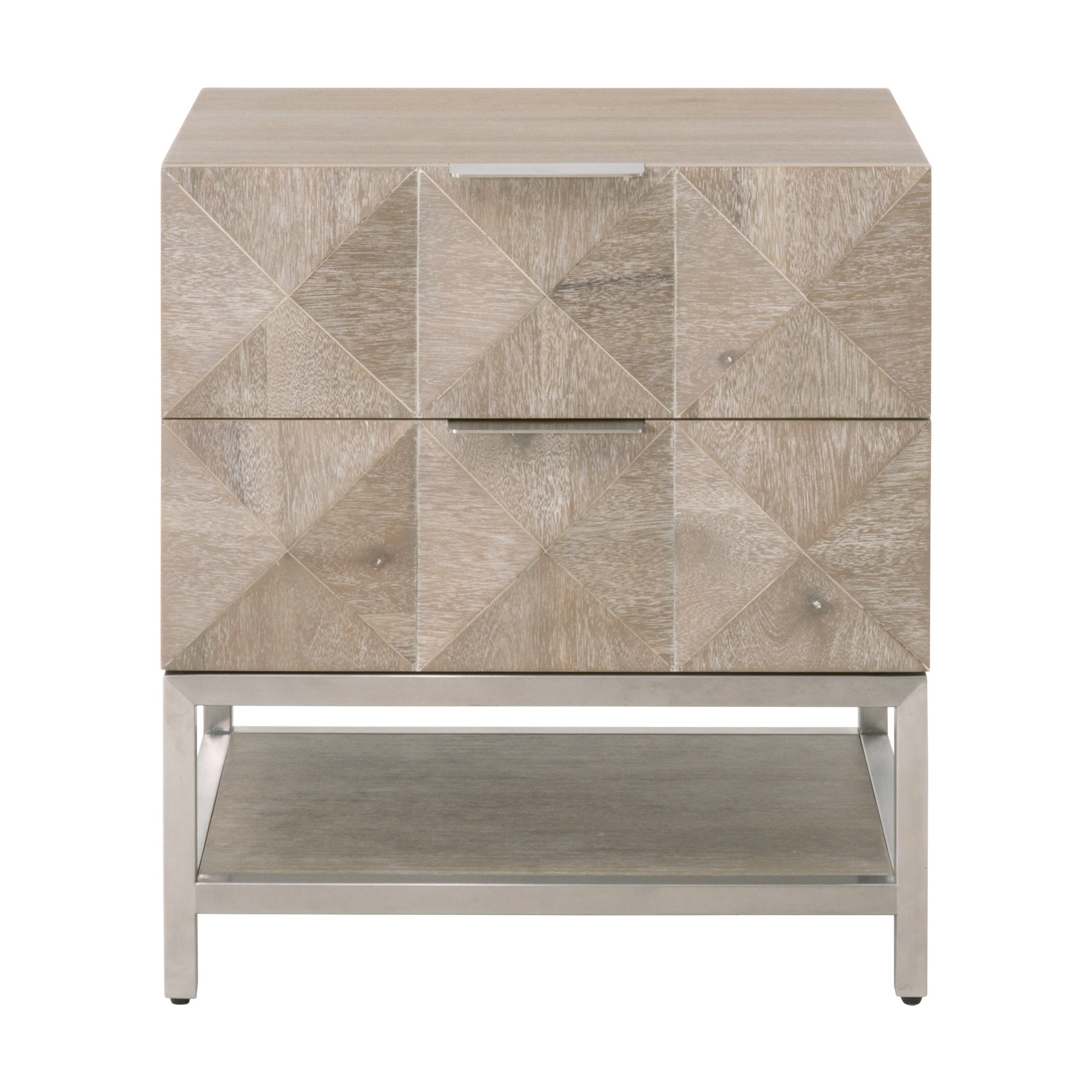 Atlas 2-Drawer Nightstand with diamond-patterned drawers and stainless steel base by Essentials for Living