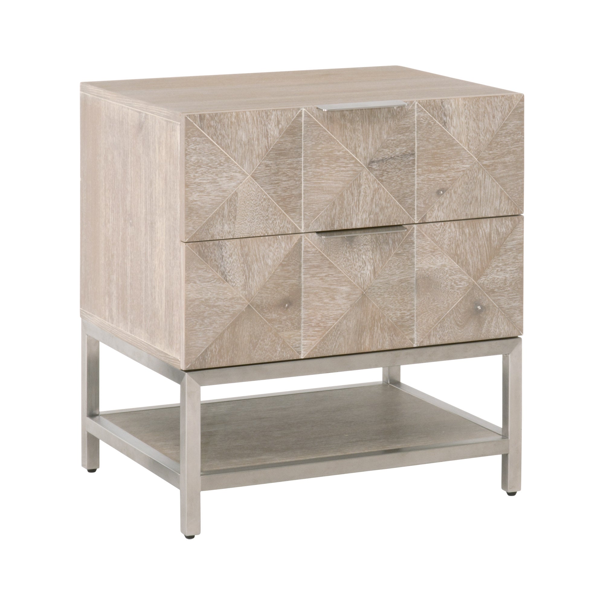 Atlas 2-Drawer Nightstand with 3D diamond fronts, acacia veneer, stainless steel base by Essentials for Living