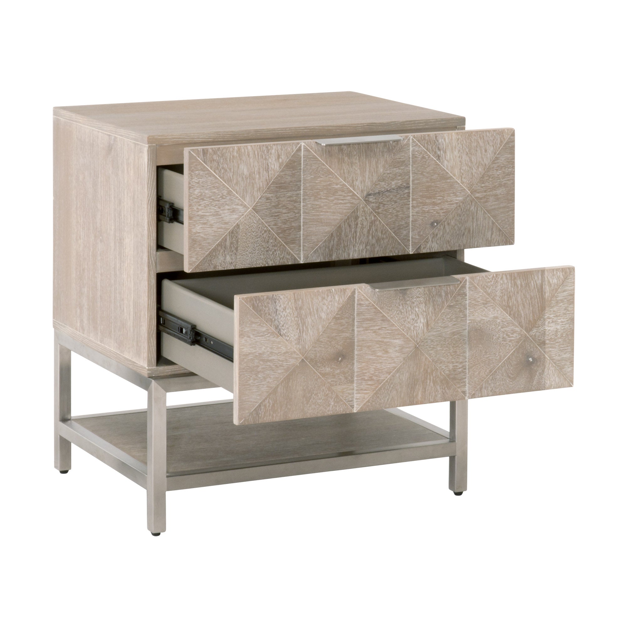 Atlas 2-Drawer Nightstand with 3D diamond drawer fronts and stainless steel base by Essentials for Living