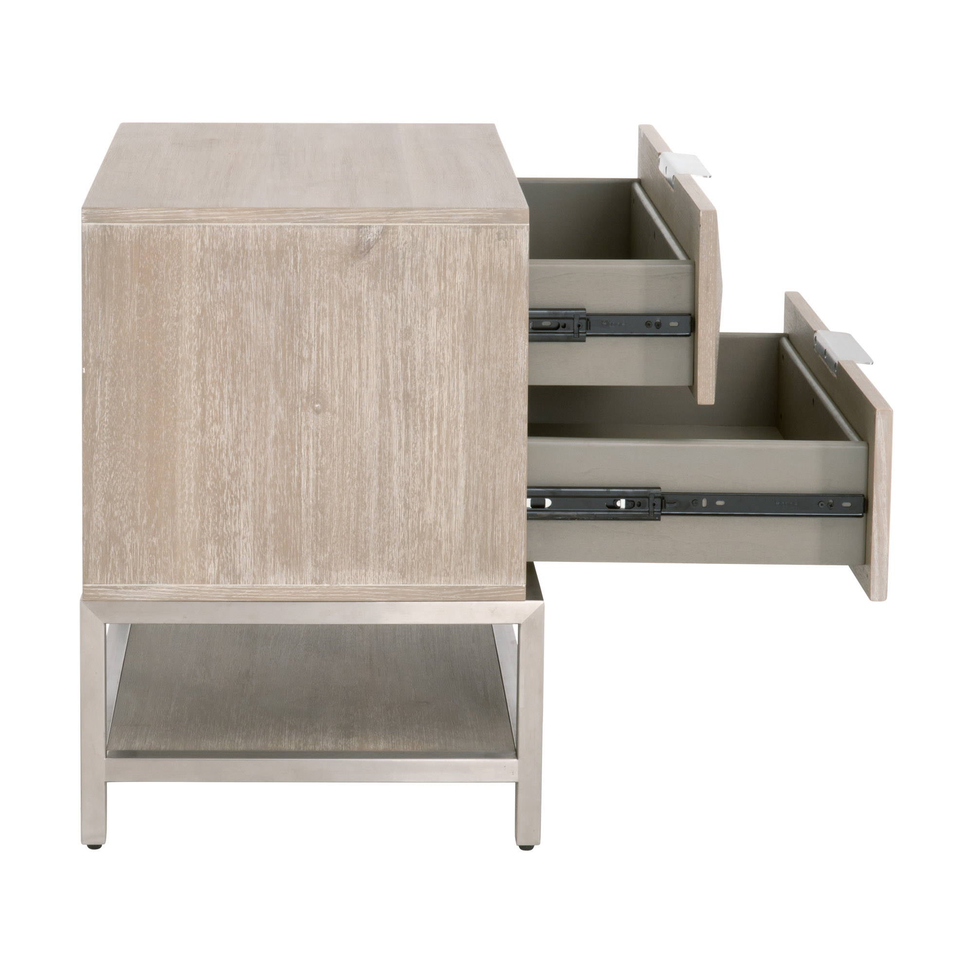 Atlas 2-Drawer Nightstand with open drawers and open lower shelf in sandblasted acacia, Essentials for Living.