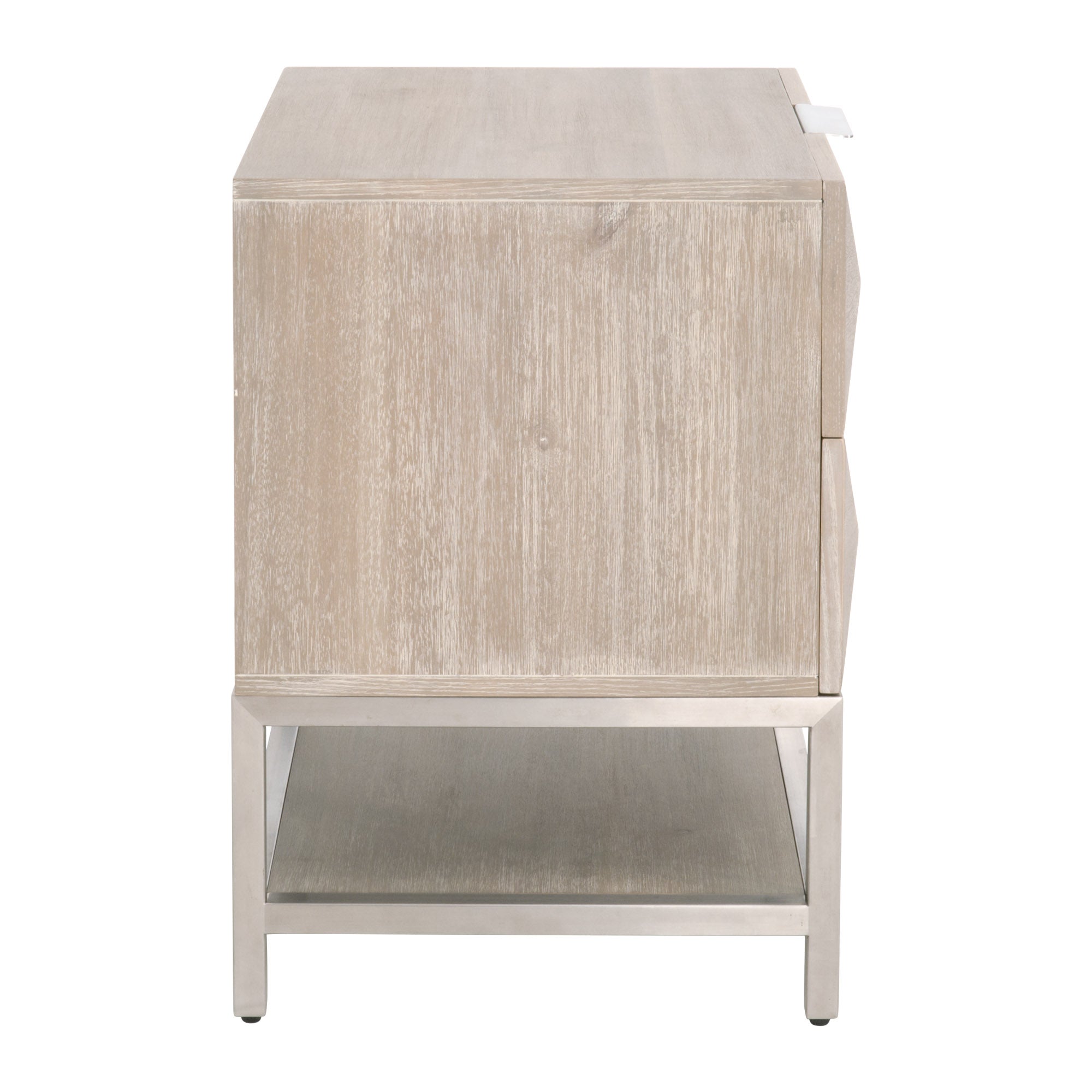 Side view of Atlas 2-Drawer Nightstand with sandblasted acacia finish and stainless steel base by Essentials for Living