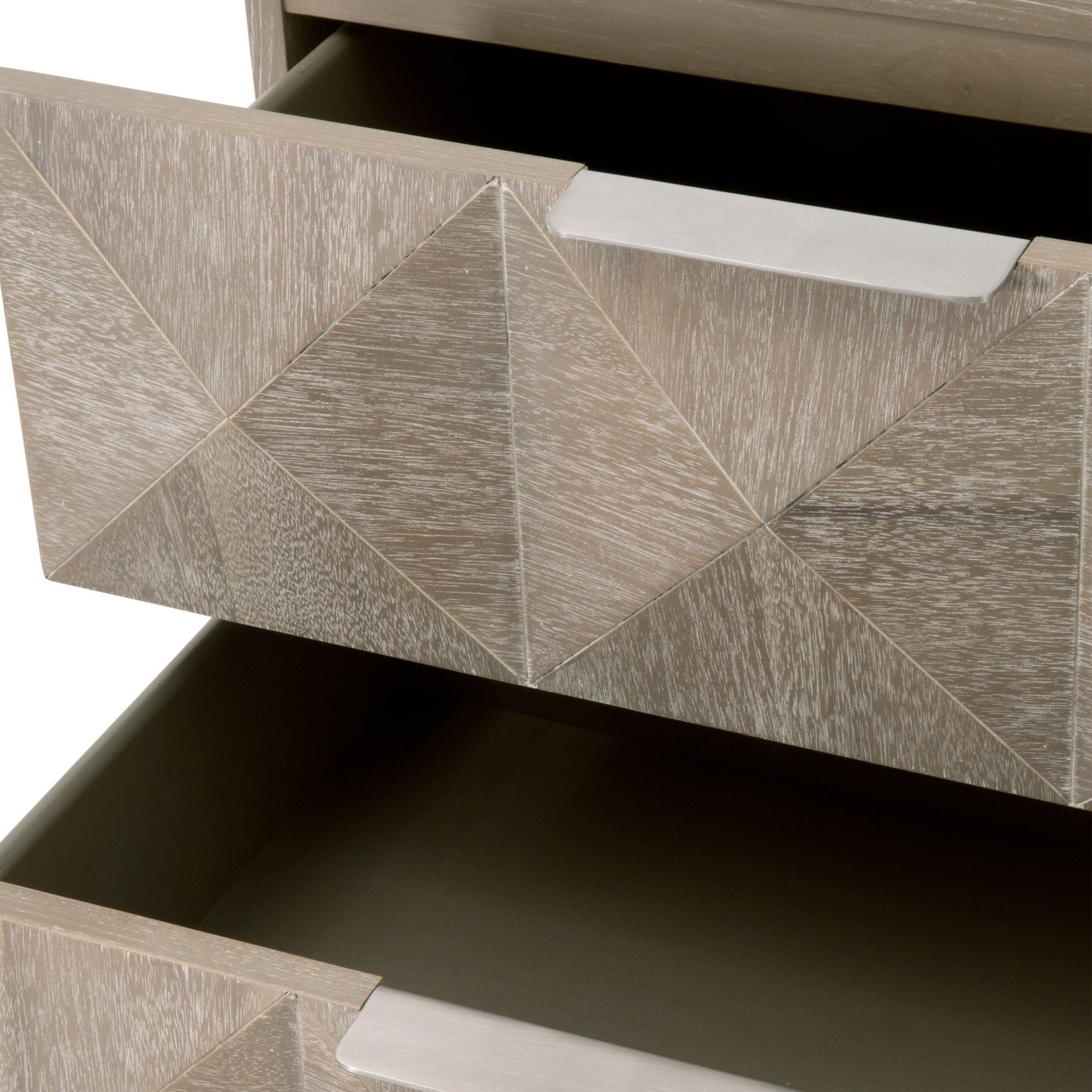 Close-up of 3D diamond-patterned drawer fronts on Atlas 2-Drawer Nightstand by Essentials for Living.