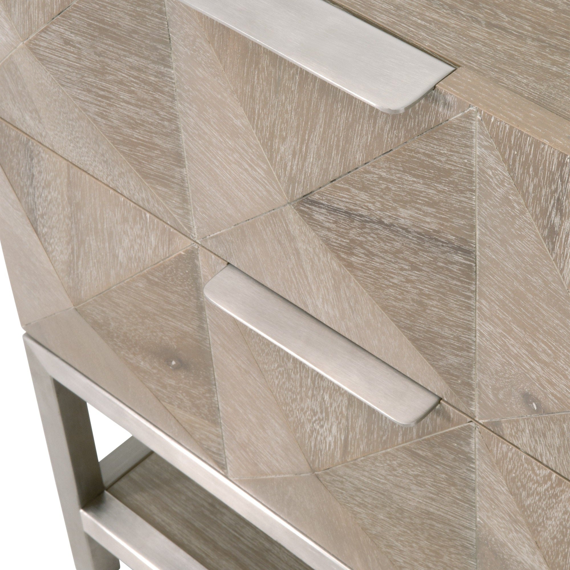 Close-up of Atlas 2-Drawer Nightstand with 3D diamond drawer fronts and stainless steel handles by Essentials for Living