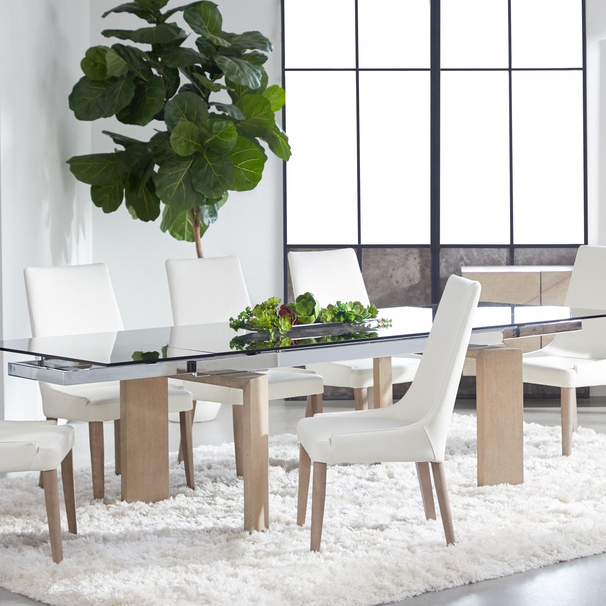 Aurora Dining Chair Set of 2 in white leather with wooden legs in modern dining room Essentials for Living