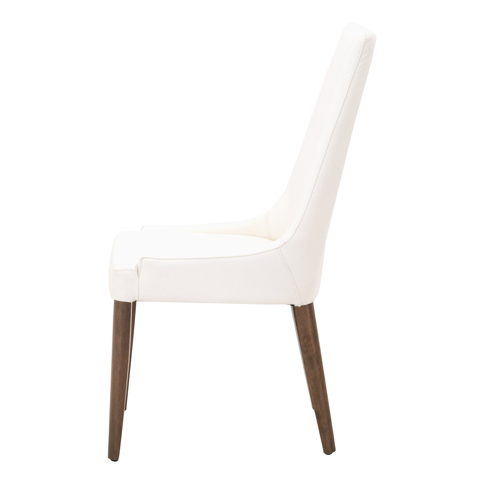 Aurora Dining Chair Set of 2 in white leather with dark wood legs, side view by Essentials for Living