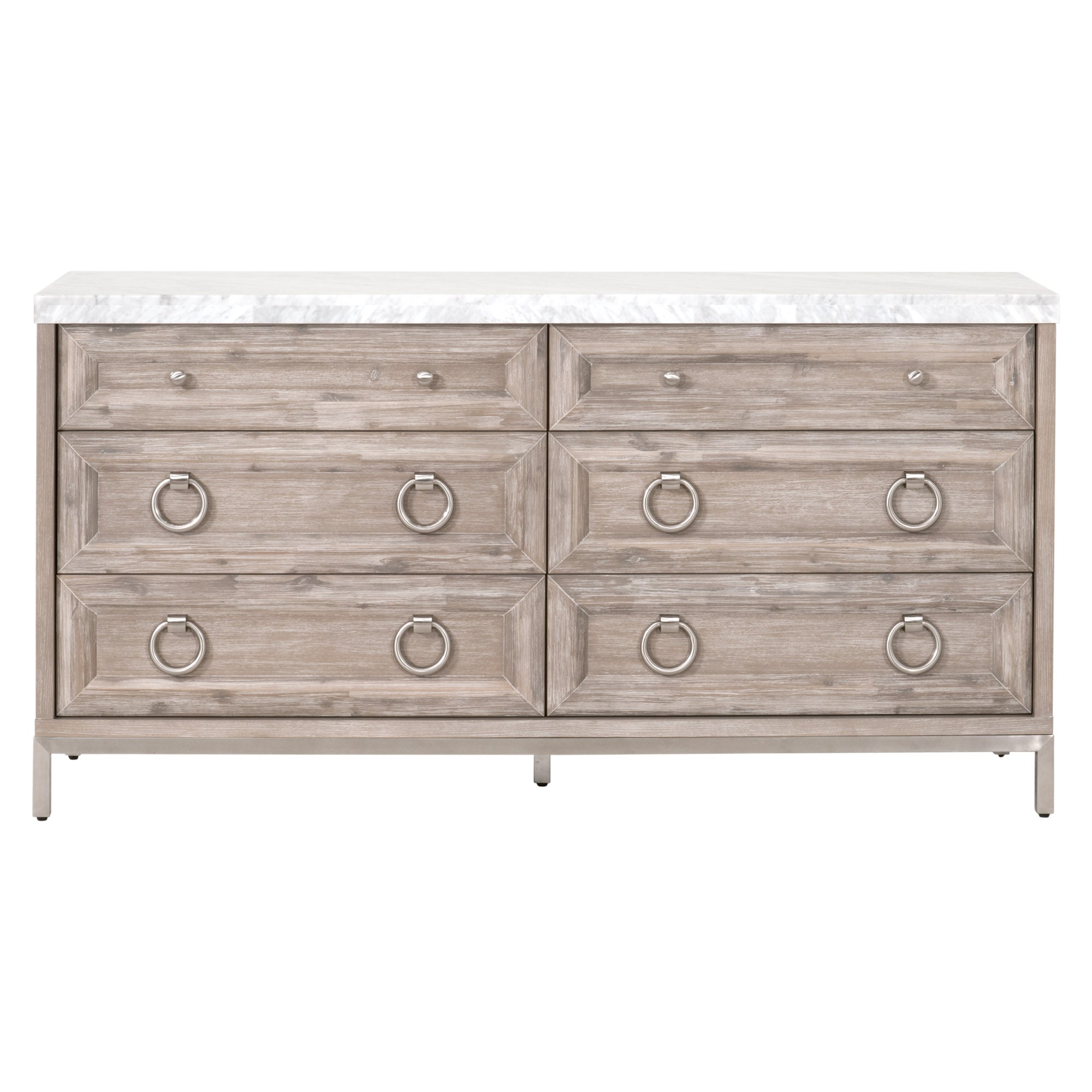 Azure Carrera 6-Drawer Double Dresser with Italian Carrera marble top and brushed steel accents by Essentials for Living
