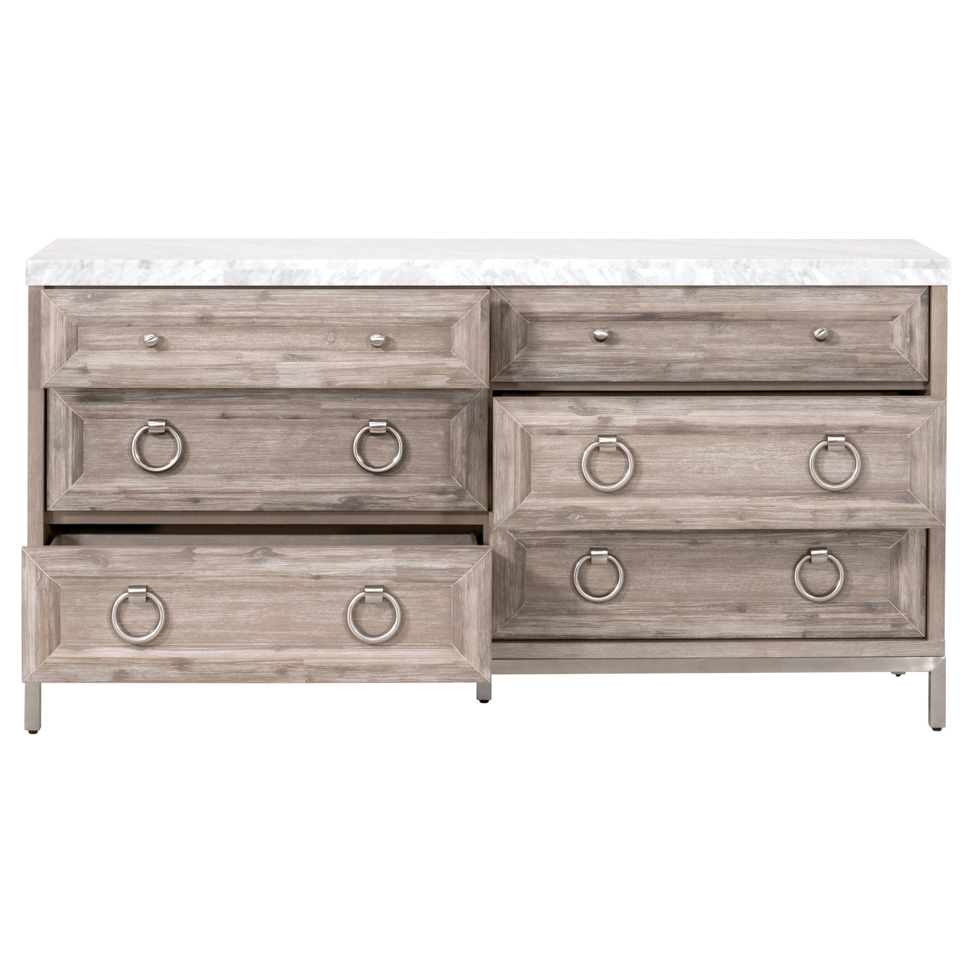 Azure Carrera 6-Drawer Double Dresser with Italian Carrera marble top and brushed steel in natural gray acacia wood Essentials for Living