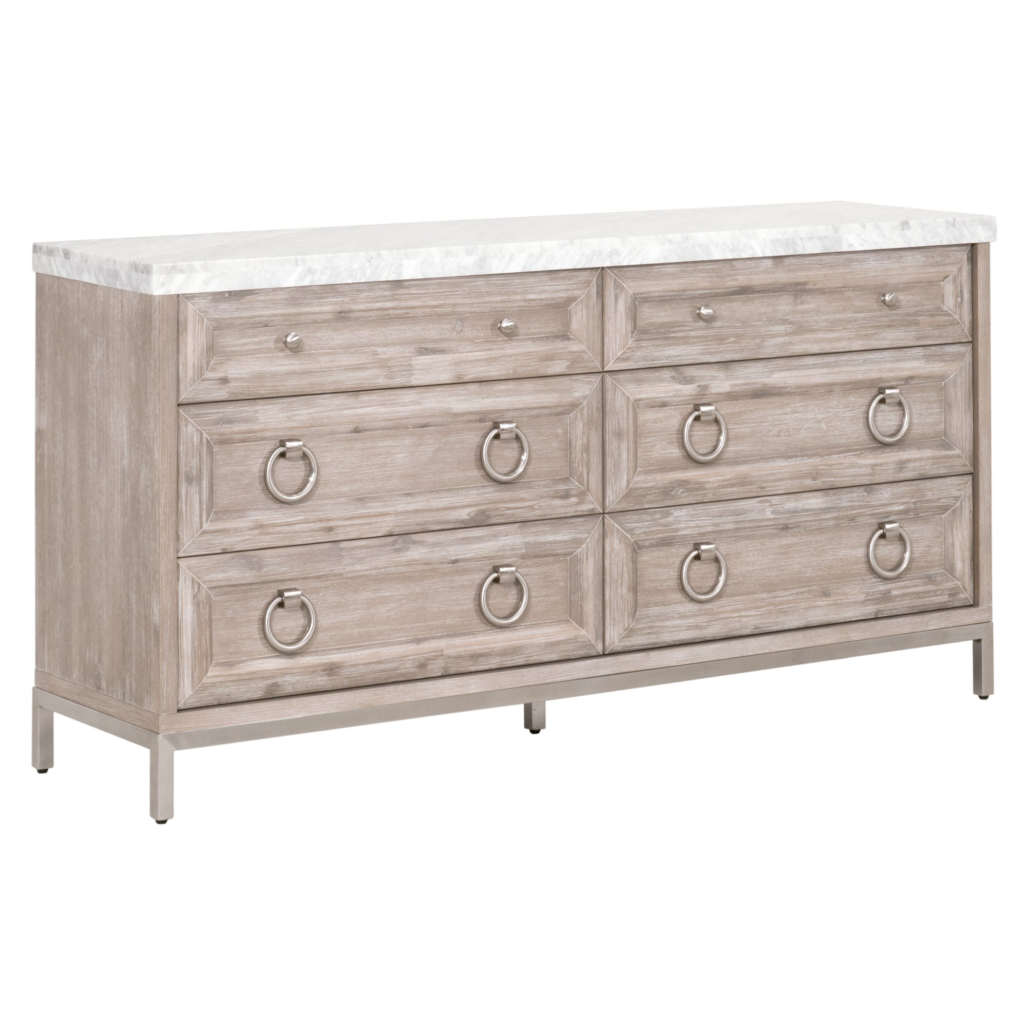 Azure Carrera 6-Drawer Double Dresser with Italian Carrera marble top and brushed steel accents by Essentials for Living